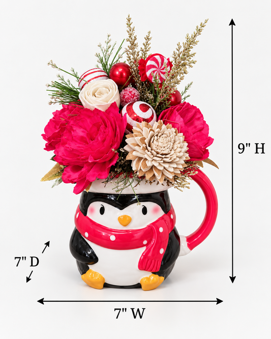 Christmas Penguin Mug Sola Wood Flower Arrangement