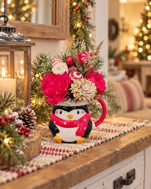 Christmas Penguin Mug Sola Wood Flower Arrangement