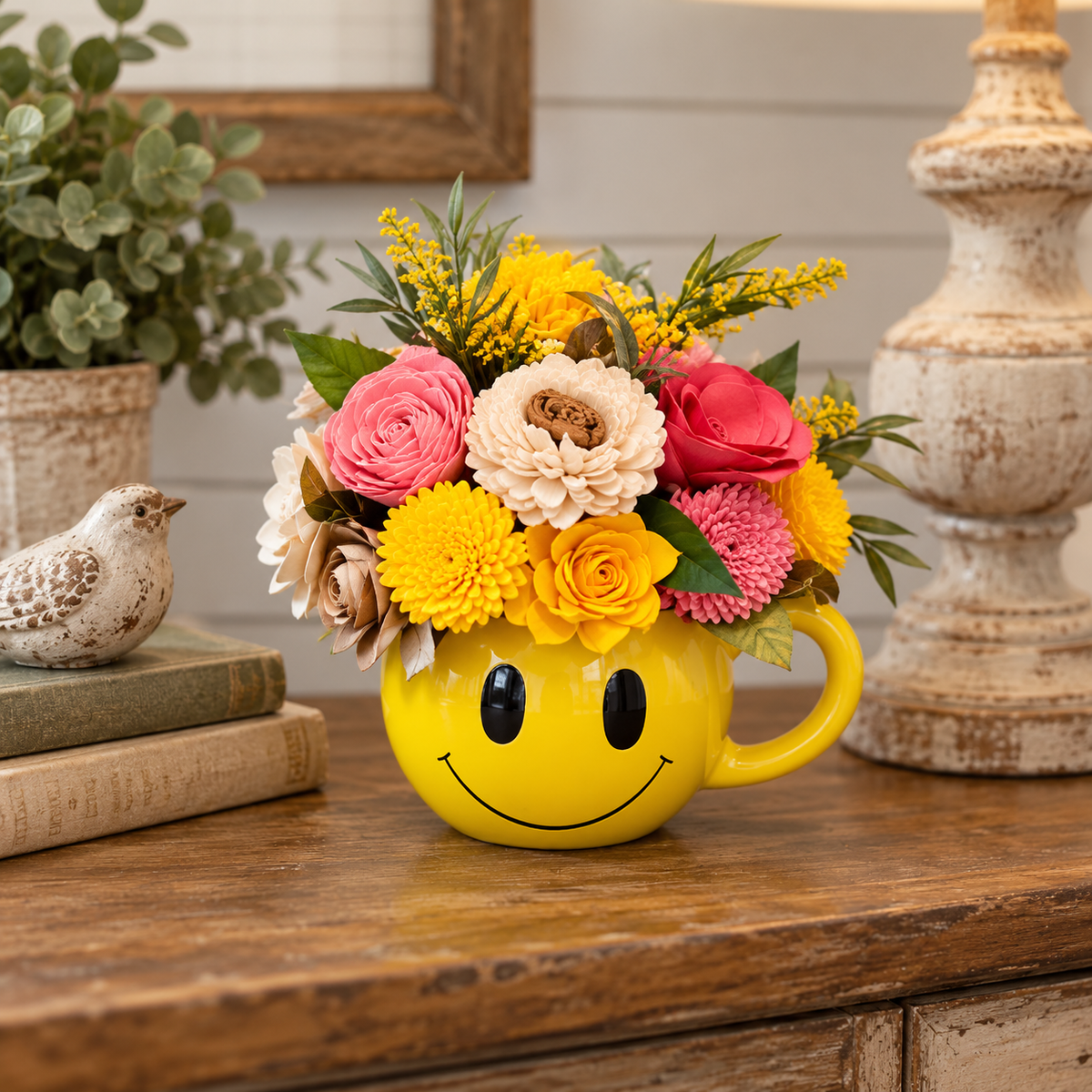 Smiley Face Mug Sola Wood Flower Arrangement