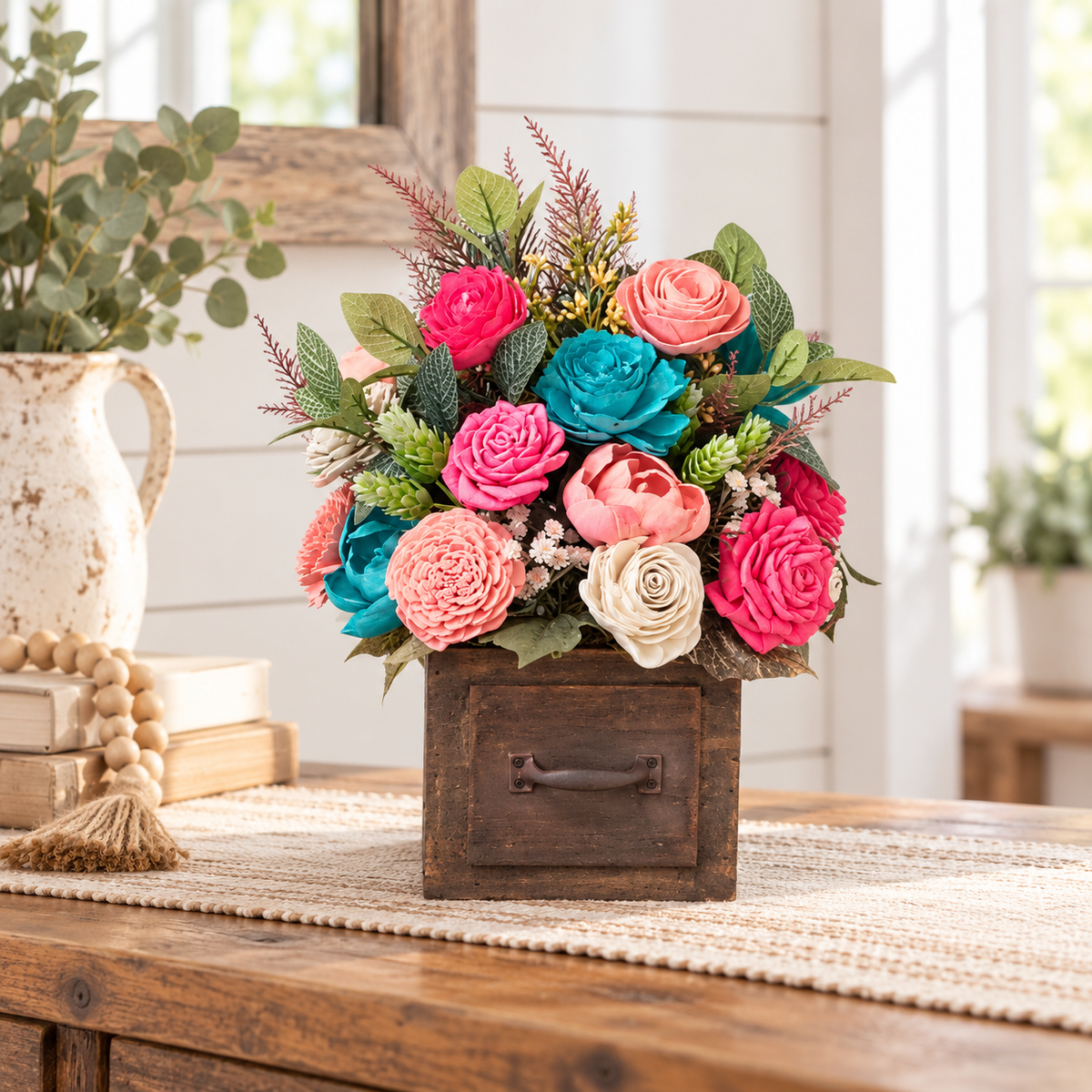 Colorful Sola Wood Flower Arrangement | Rustic Farmhouse Drawer Centerpiece