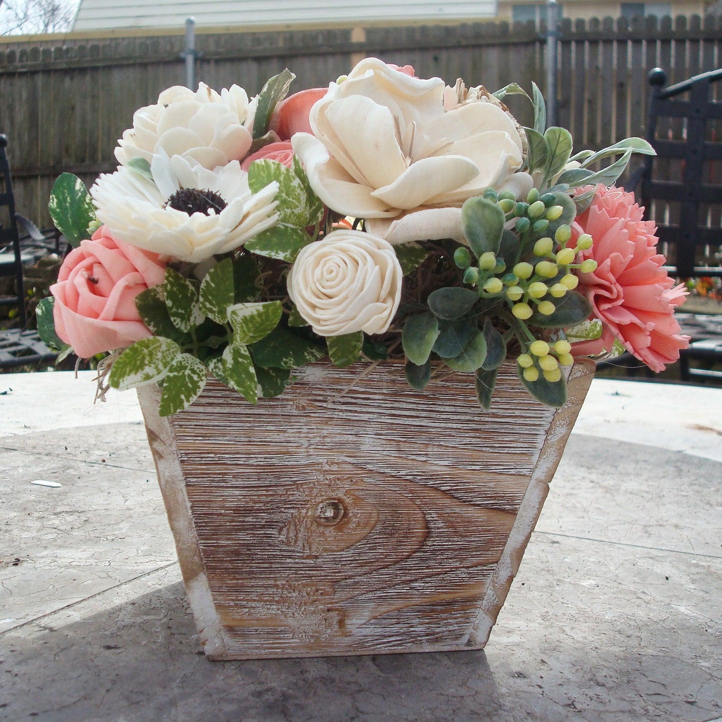 Pale pink in white Sola flowers in a  washed wood planter