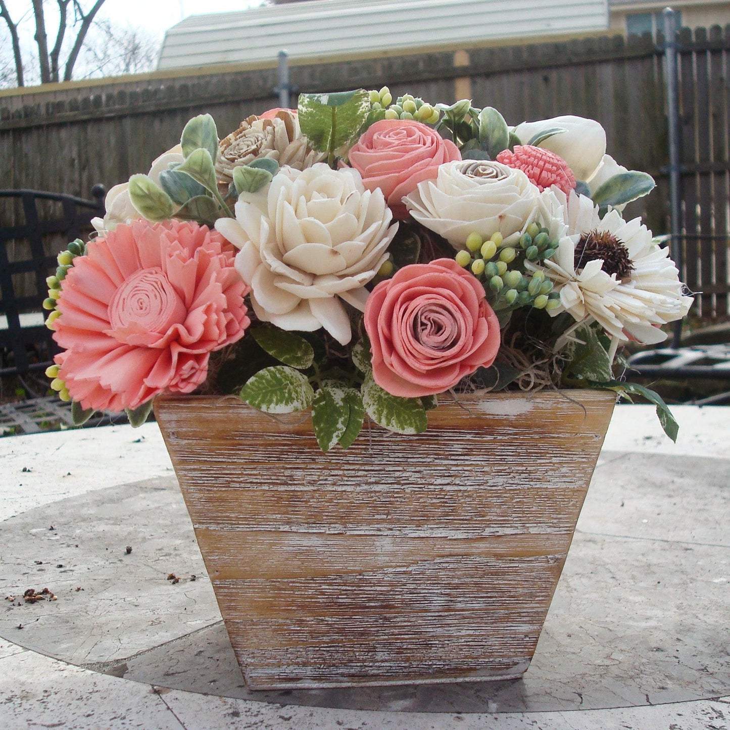 Pale pink in white Sola flowers in a  washed wood planter