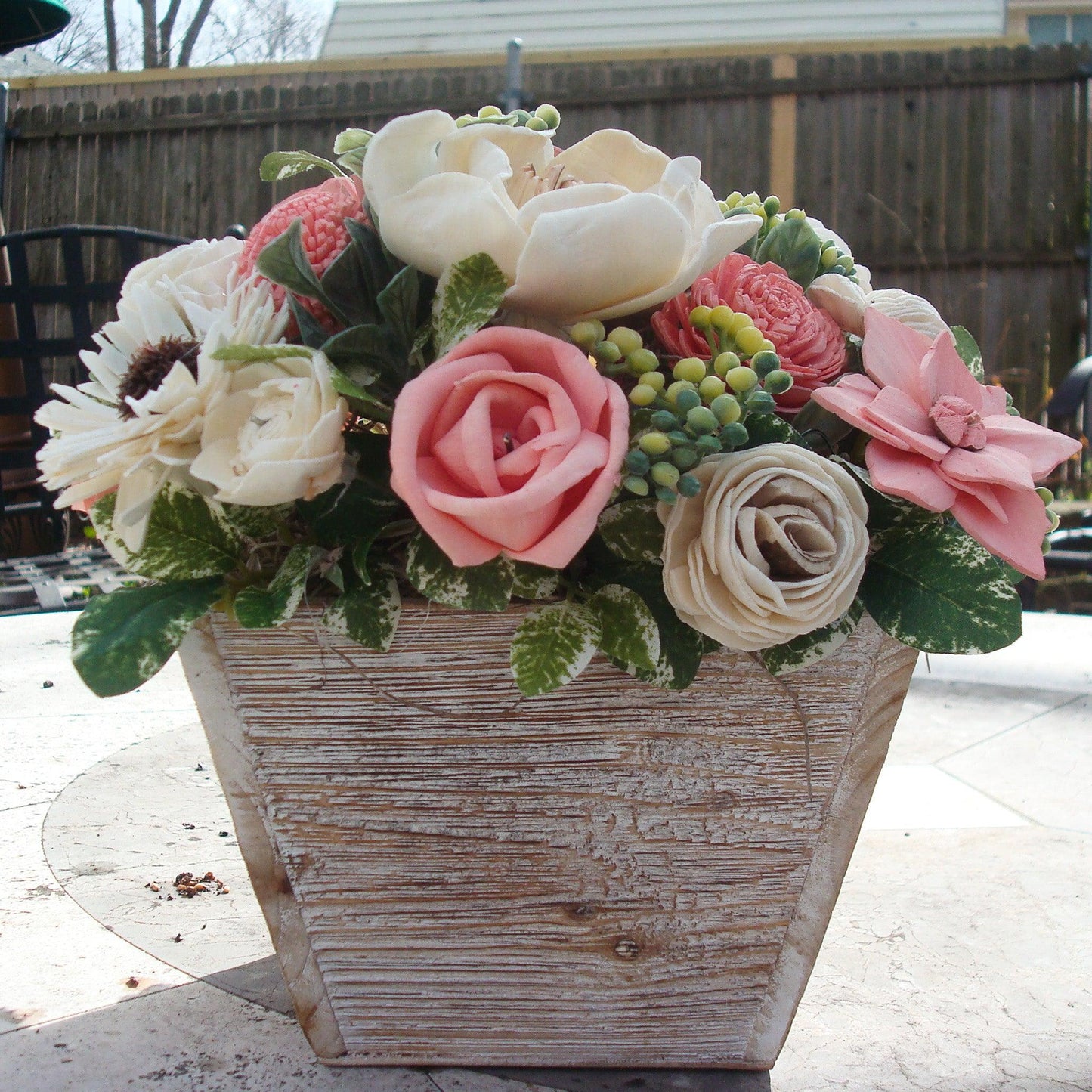 Pale pink in white Sola flowers in a  washed wood planter