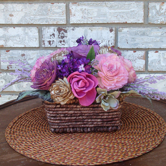Pink & Purple Sola Wood Flower Arrangement in Rustic Wicker Basket
