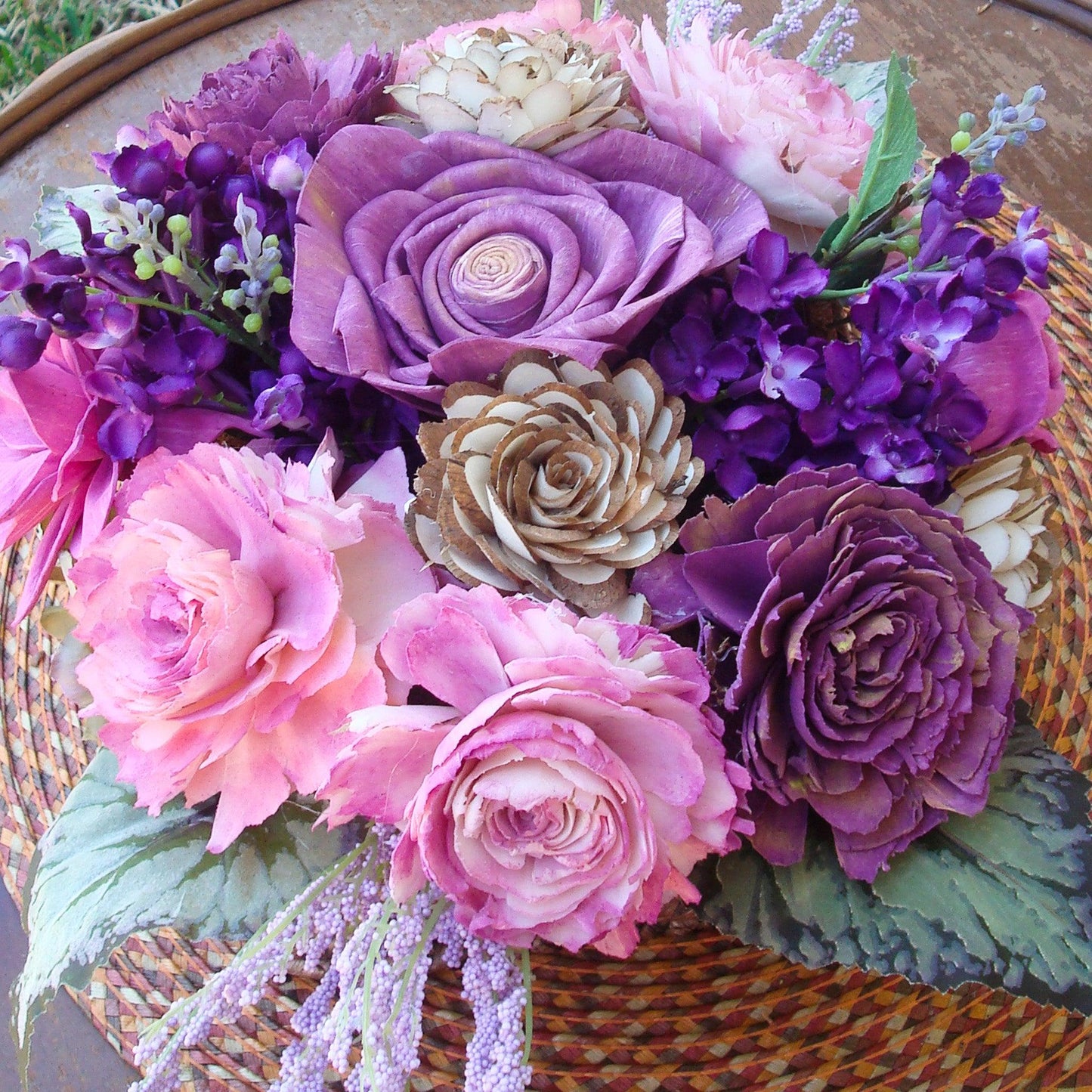 Fuschia and purple in woven basket