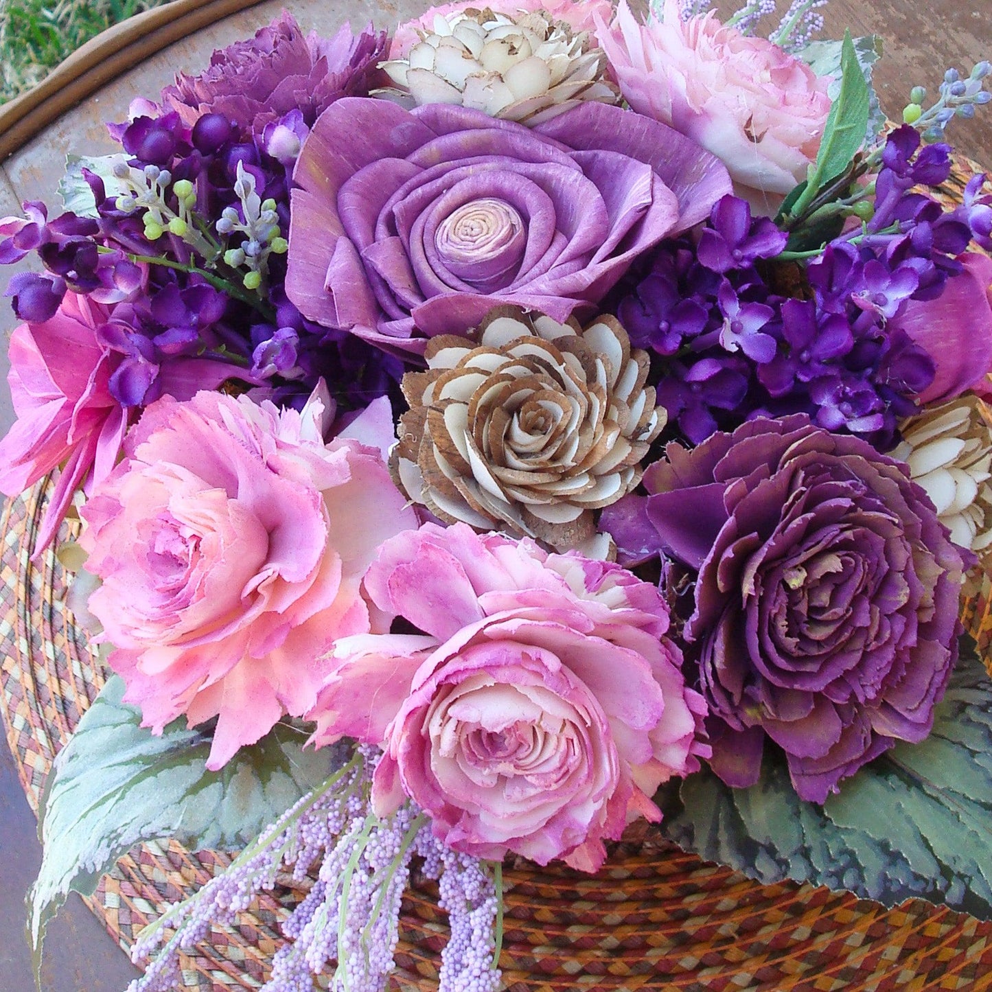 Fuschia and purple in woven basket