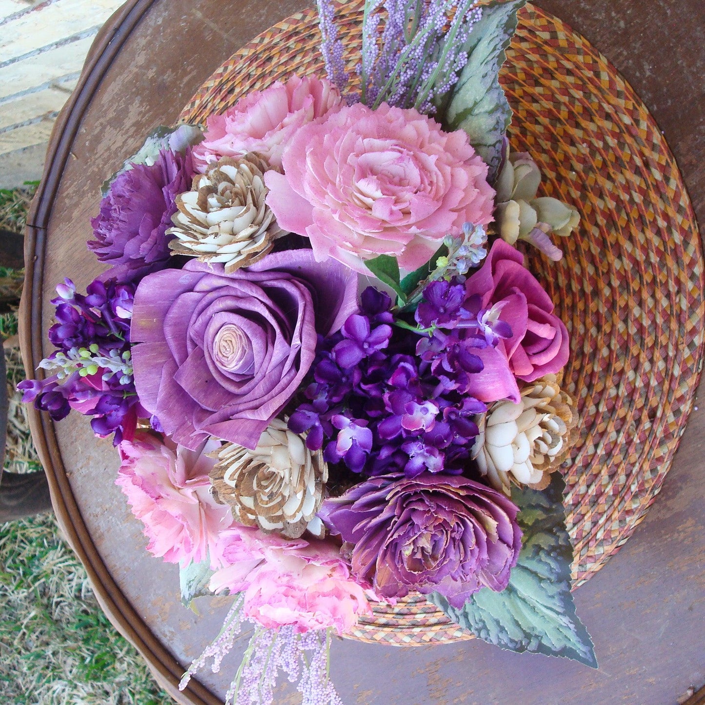 Fuschia and purple in woven basket