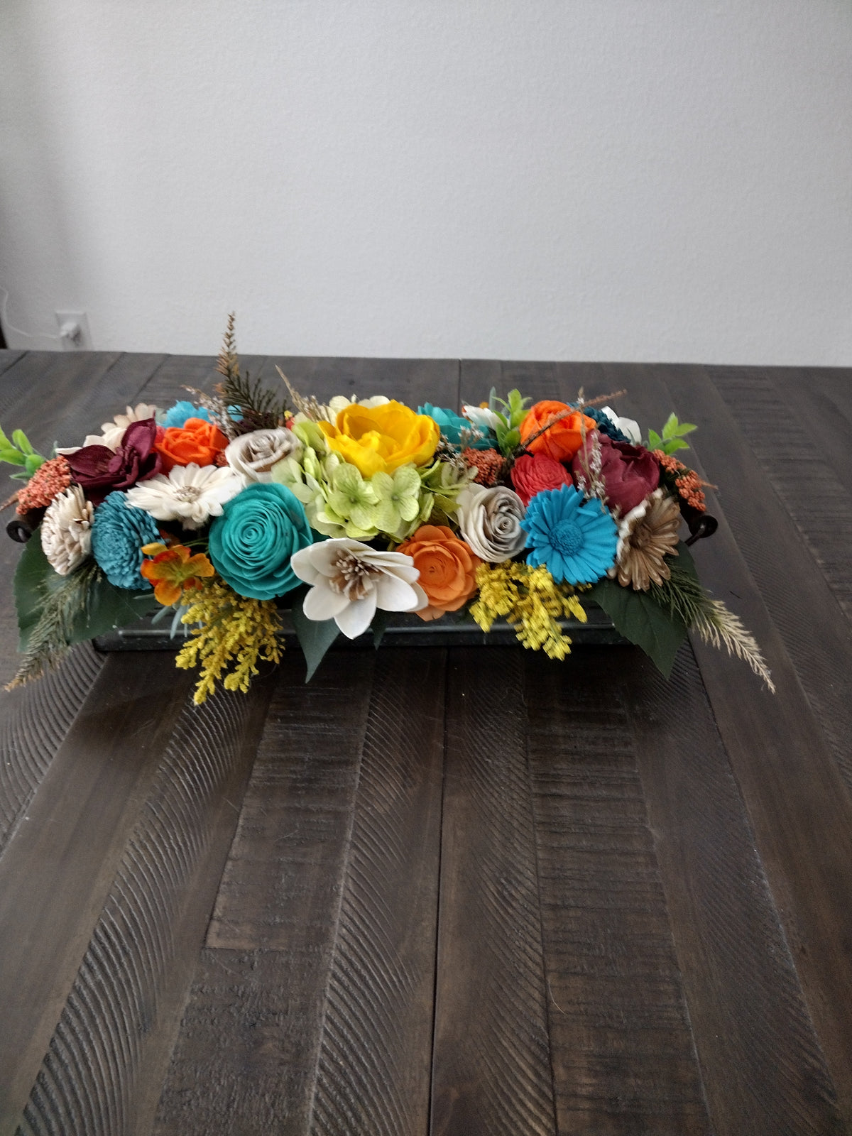 Colorful Sola Wood Flower Centerpiece in Rustic Tray