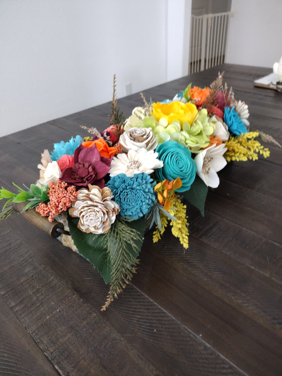 Colorful Sola Wood Flower Centerpiece in Rustic Tray