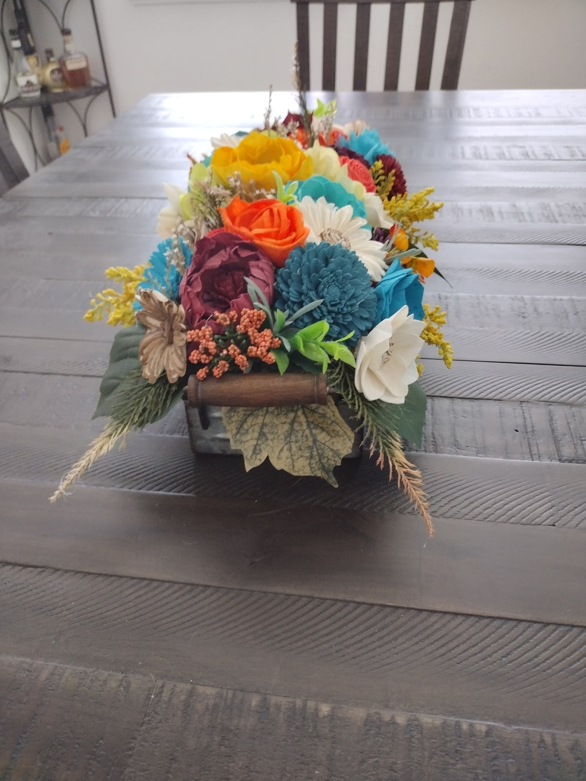 Colorful Sola Wood Flower Centerpiece in Rustic Tray