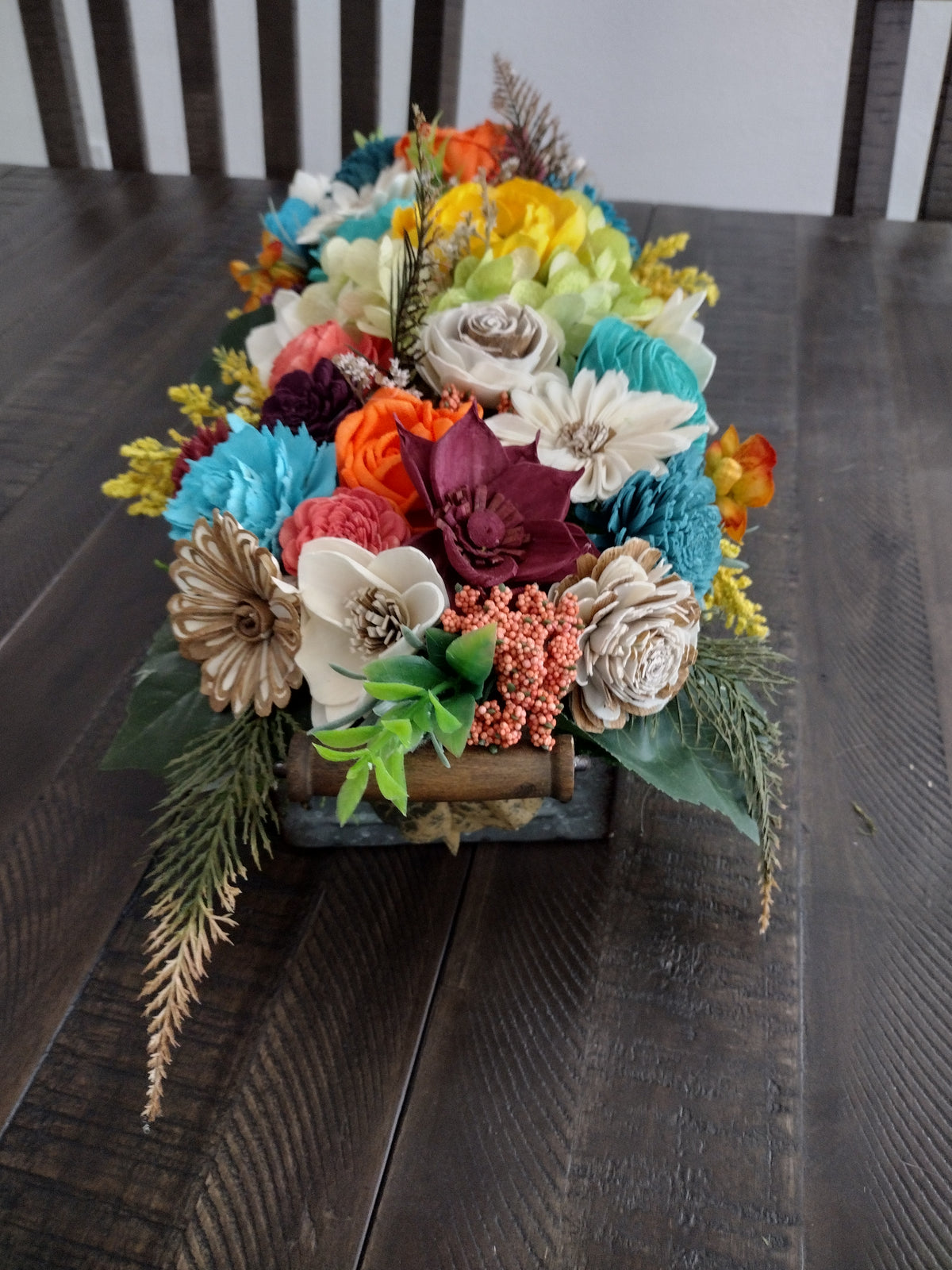 Colorful Sola Wood Flower Centerpiece in Rustic Tray