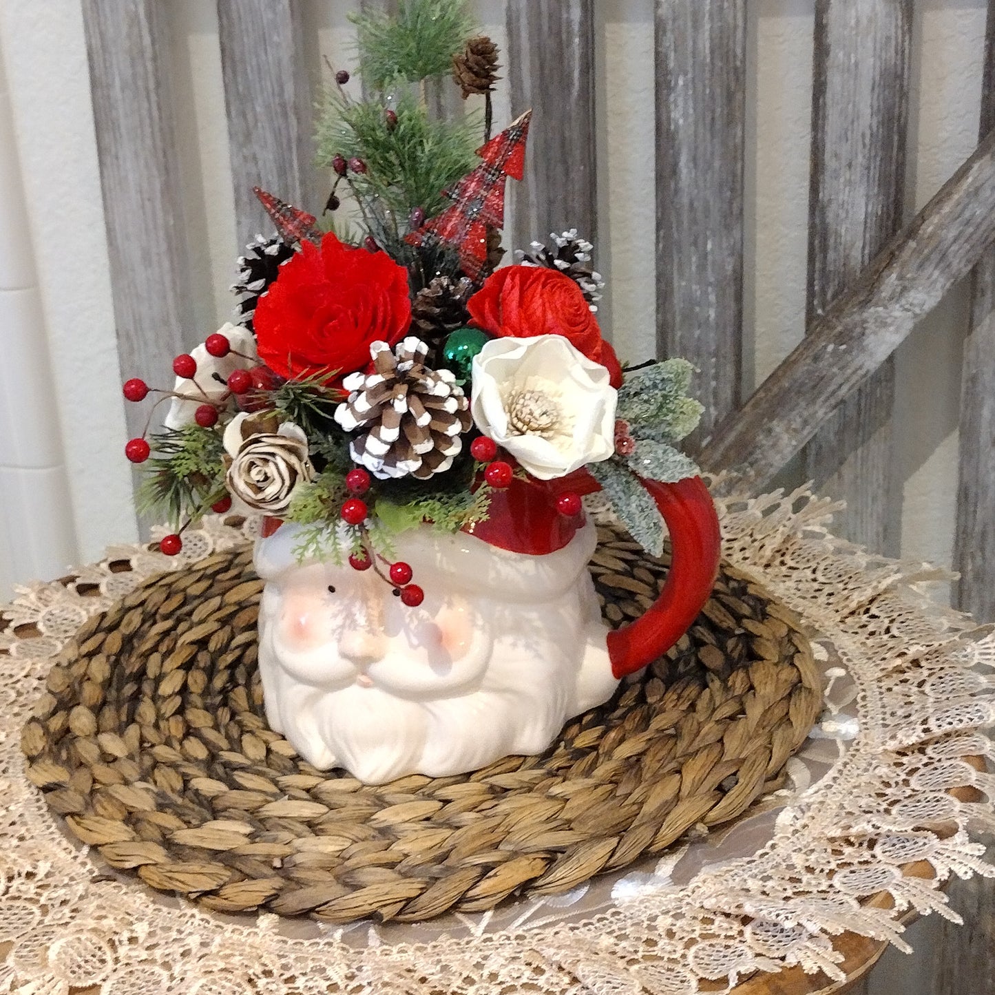 Jumbo Santa mug filled with sola wood flowers