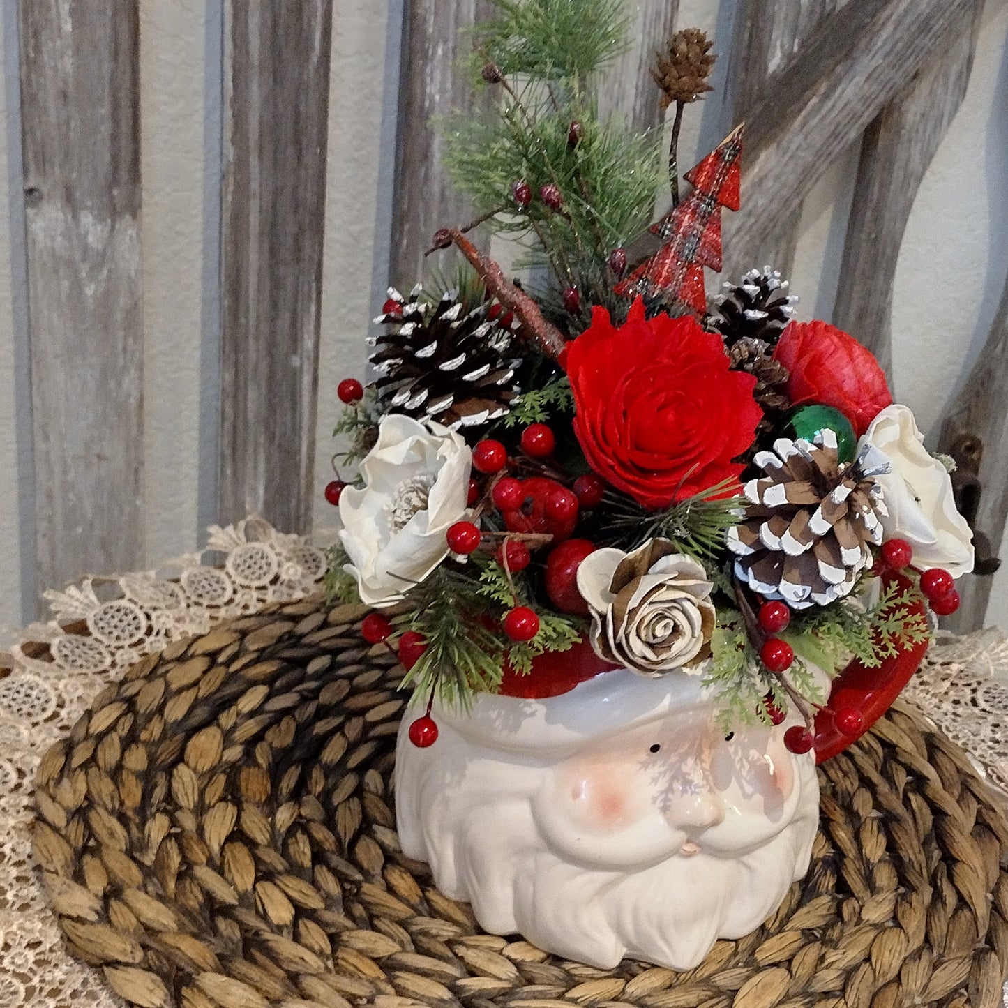 Jumbo Santa mug filled with sola wood flowers