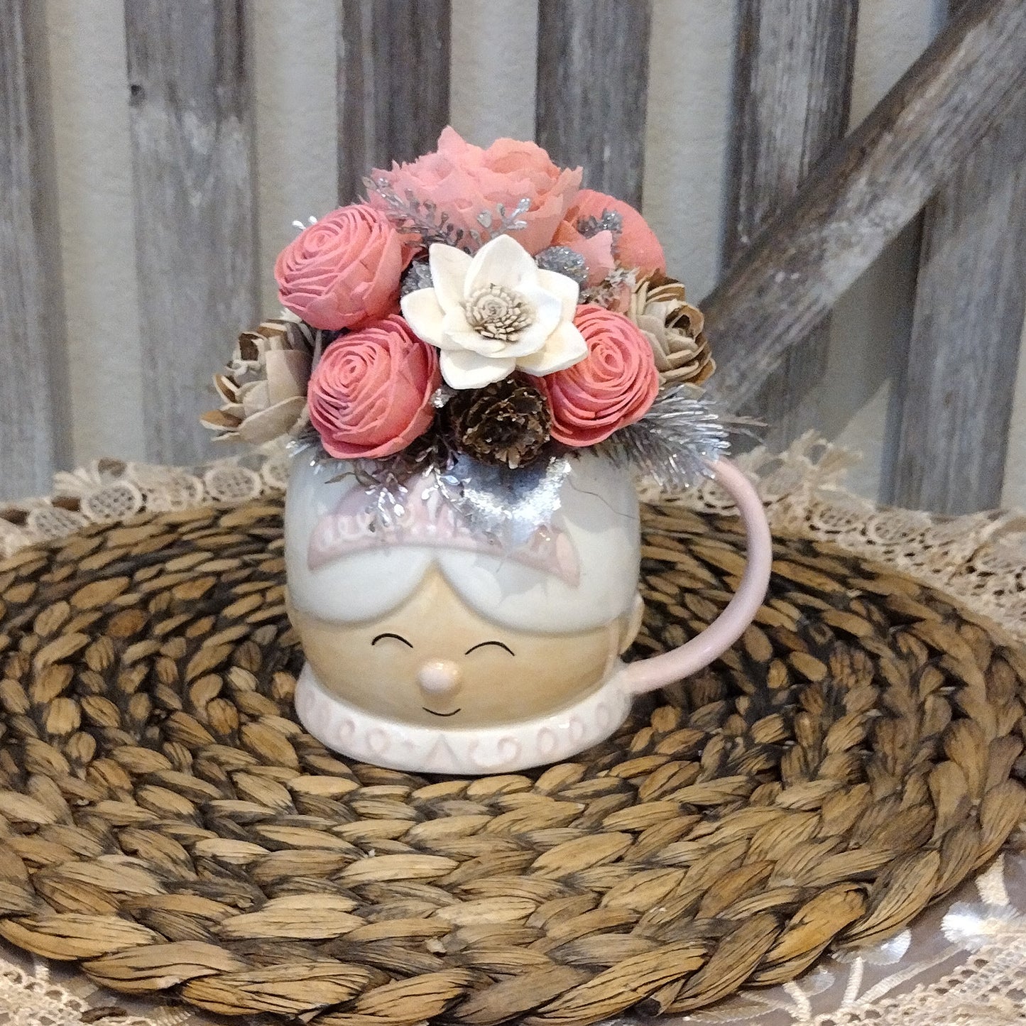 Pink Mrs Santa Mug filled with wood flowers