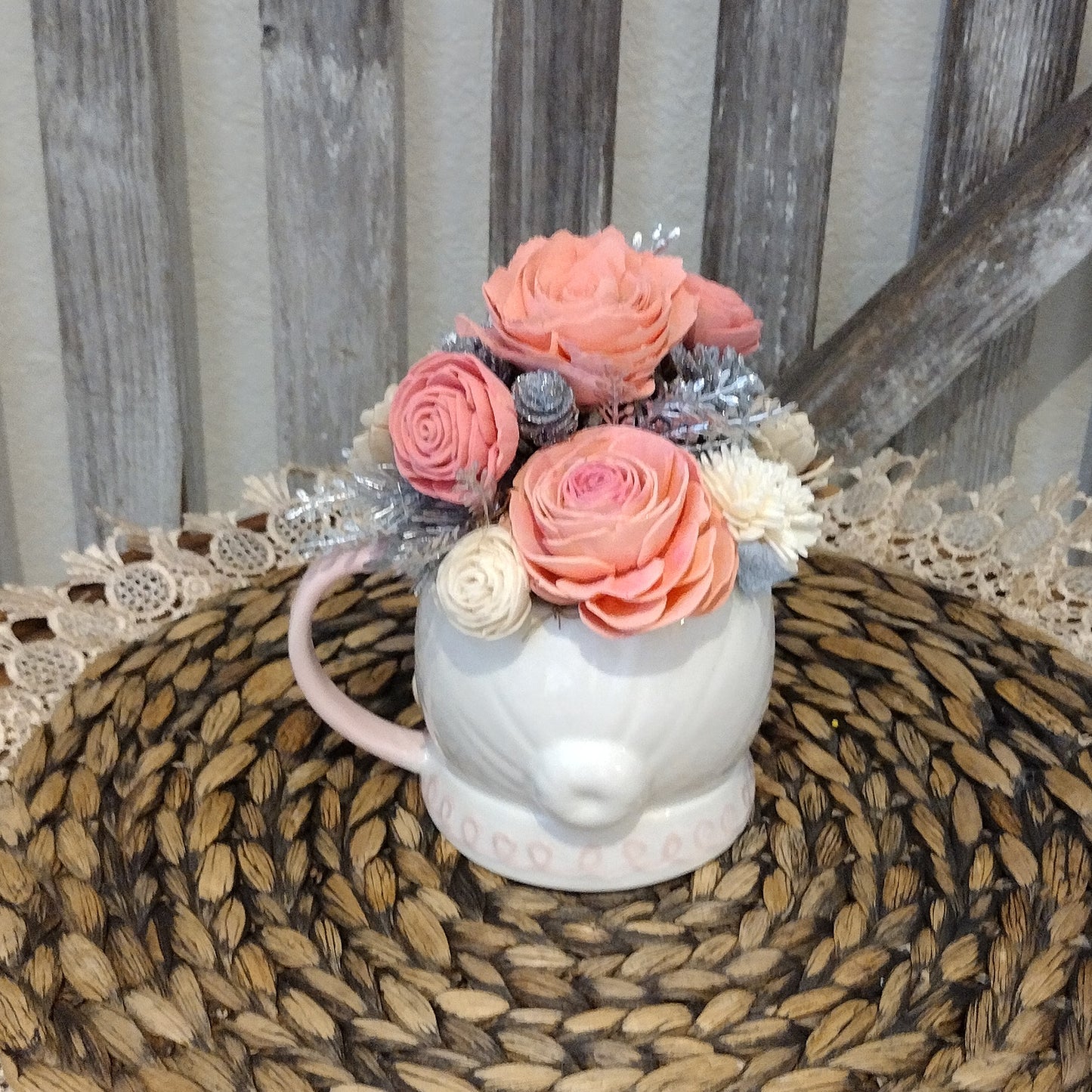 Pink Mrs Santa Mug filled with wood flowers