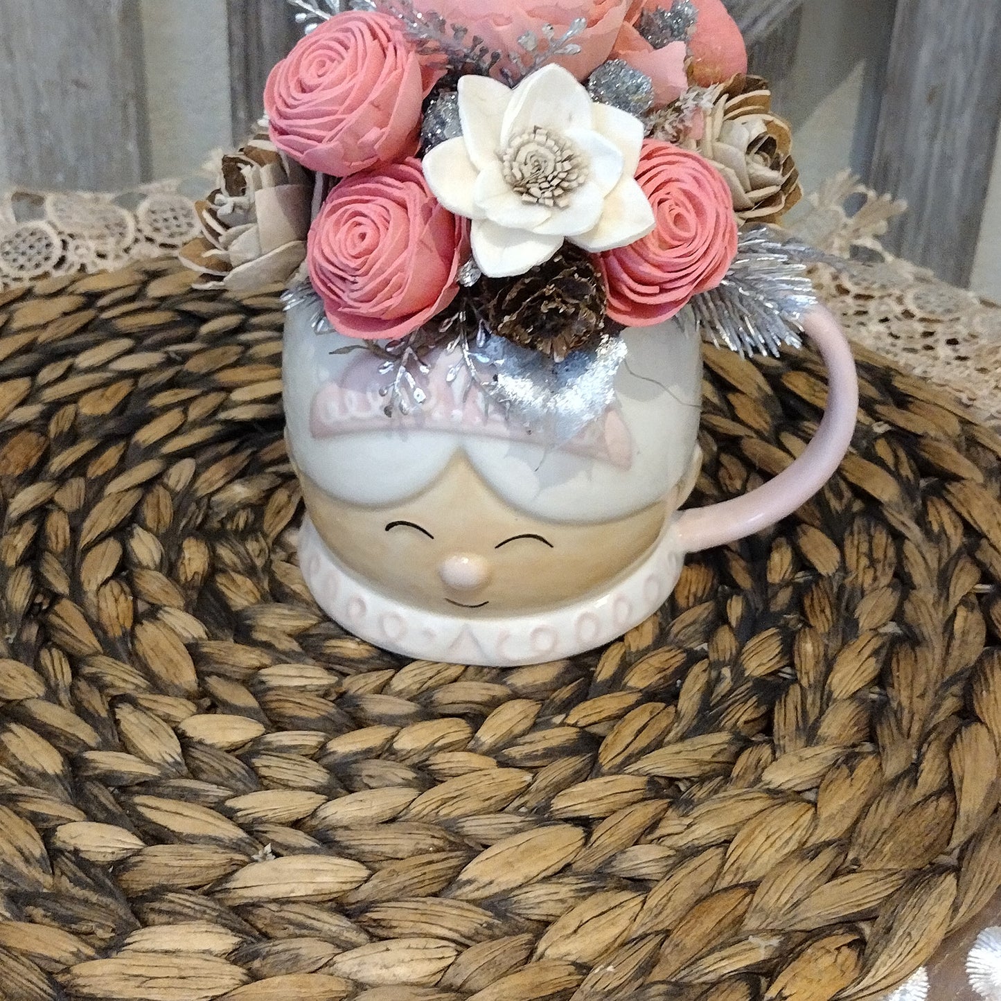 Pink Mrs Santa Mug filled with wood flowers