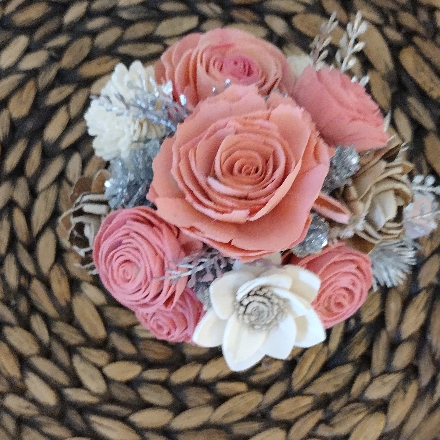 Pink Mrs Santa Mug filled with wood flowers