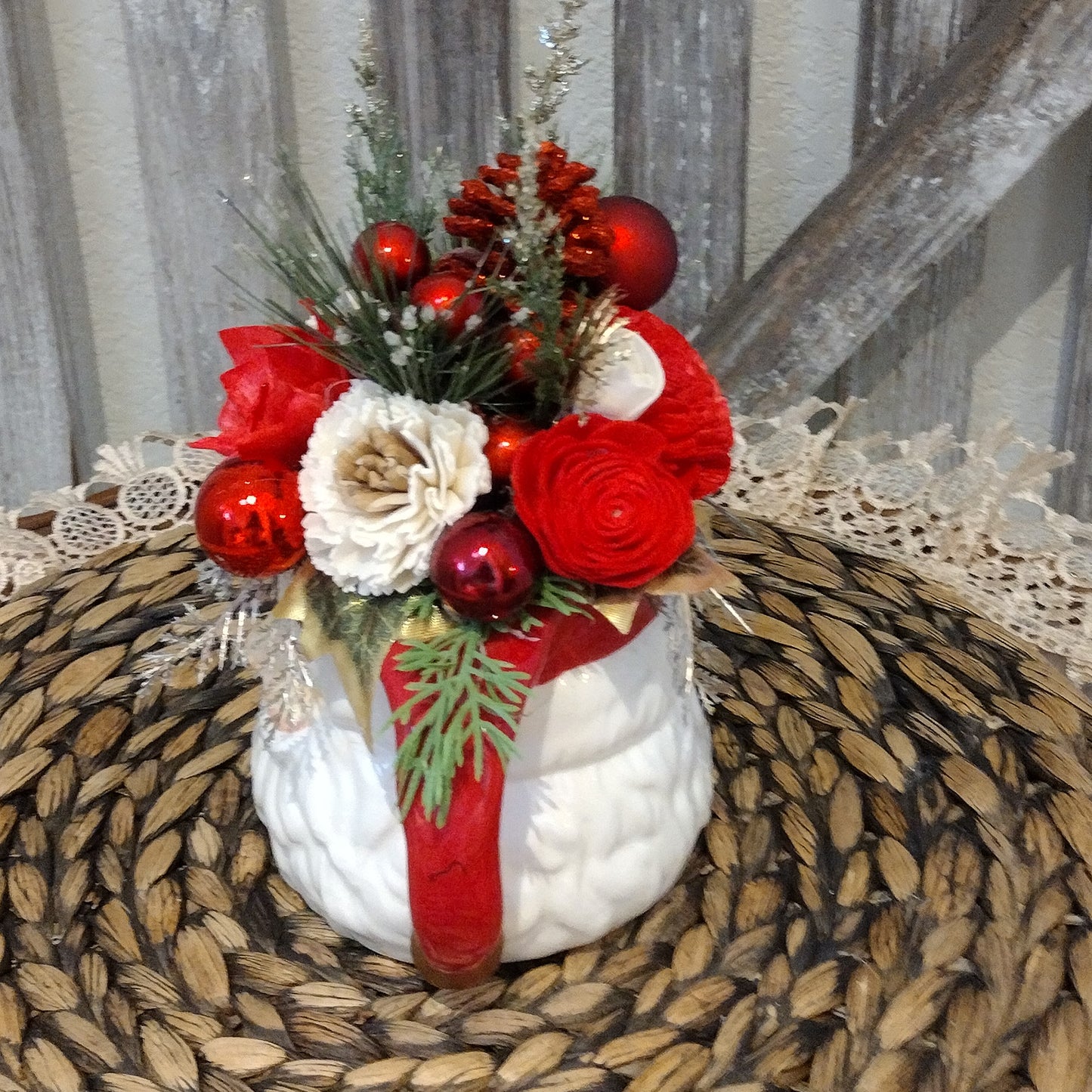 Santa mug filled with sola wood flowers that never die