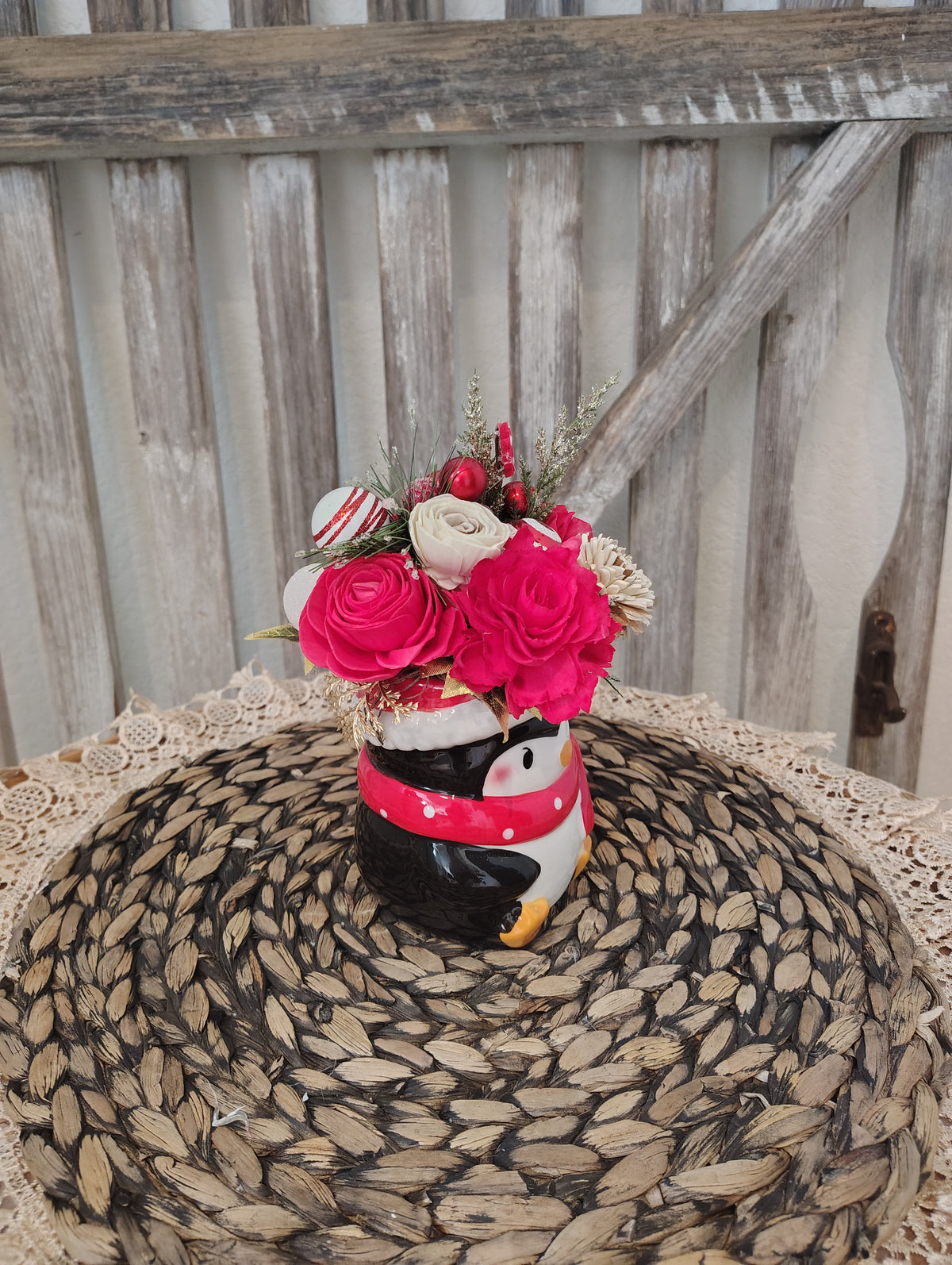 Christmas Penguin Mug Sola Wood Flower Arrangement
