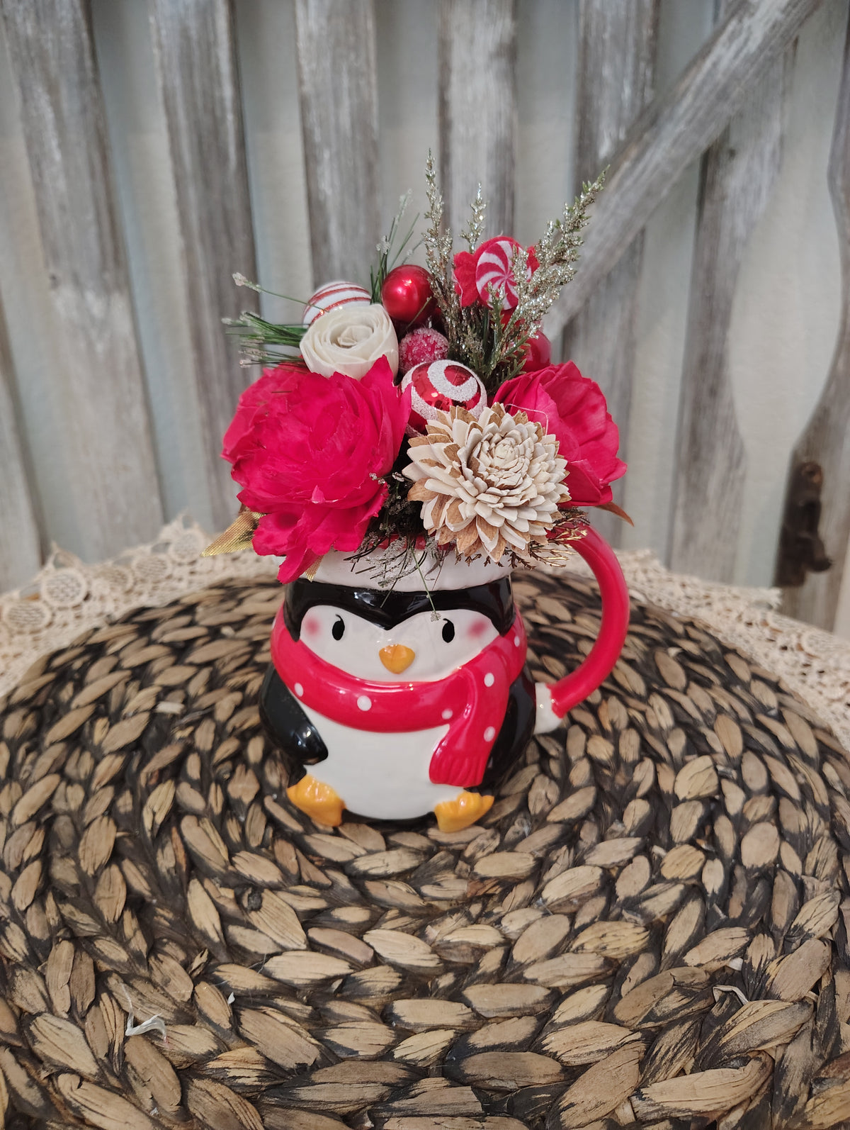 Christmas Penguin Mug Sola Wood Flower Arrangement