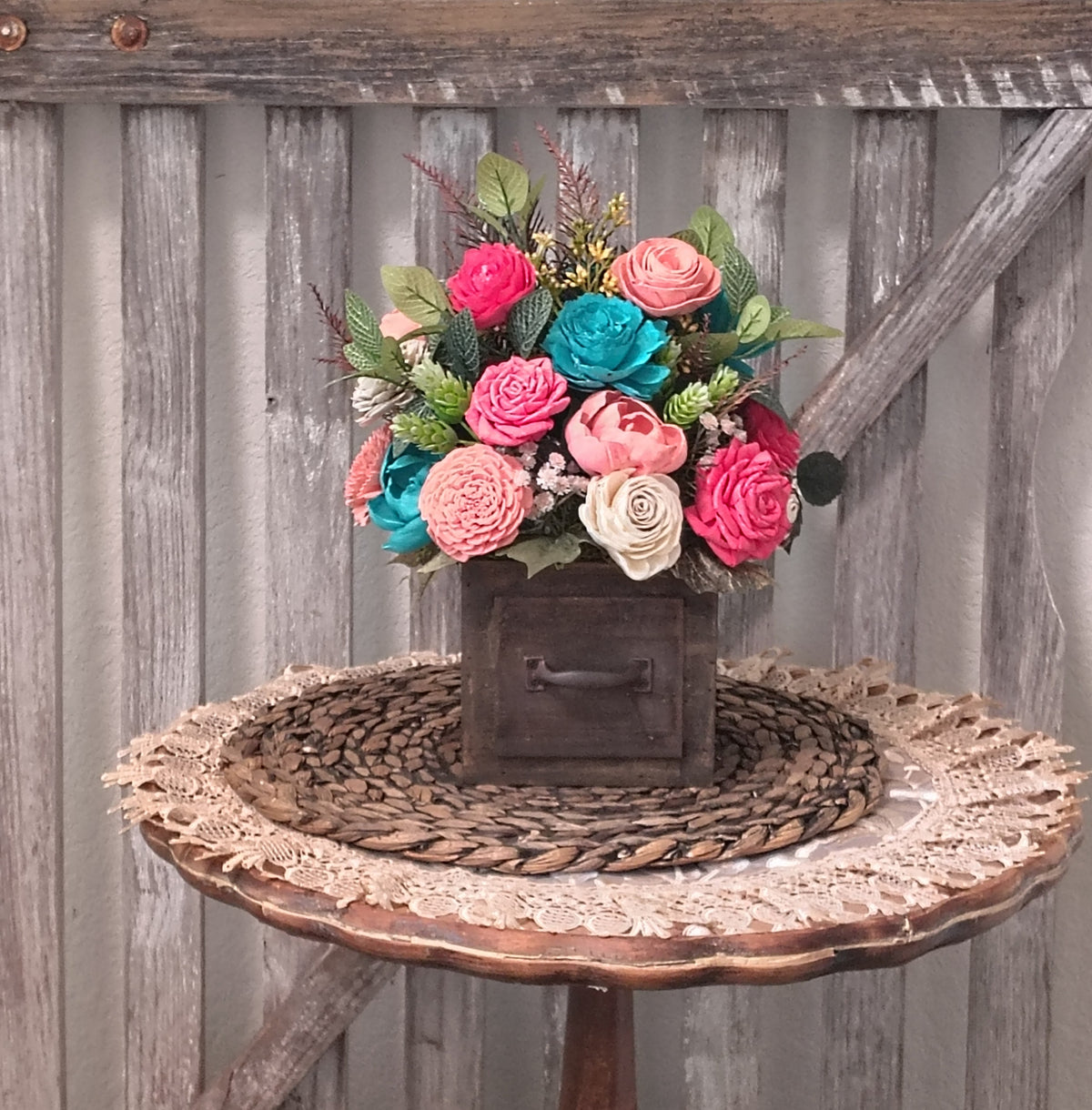 Colorful Sola Wood Flower Arrangement | Rustic Farmhouse Drawer Centerpiece