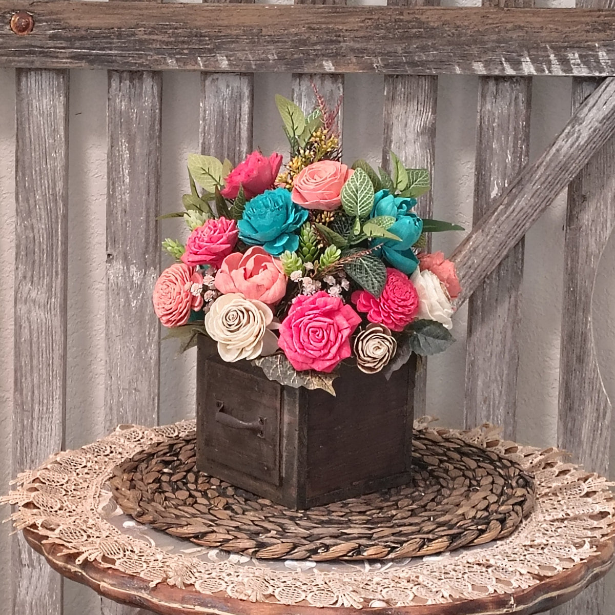 Colorful Sola Wood Flower Arrangement | Rustic Farmhouse Drawer Centerpiece