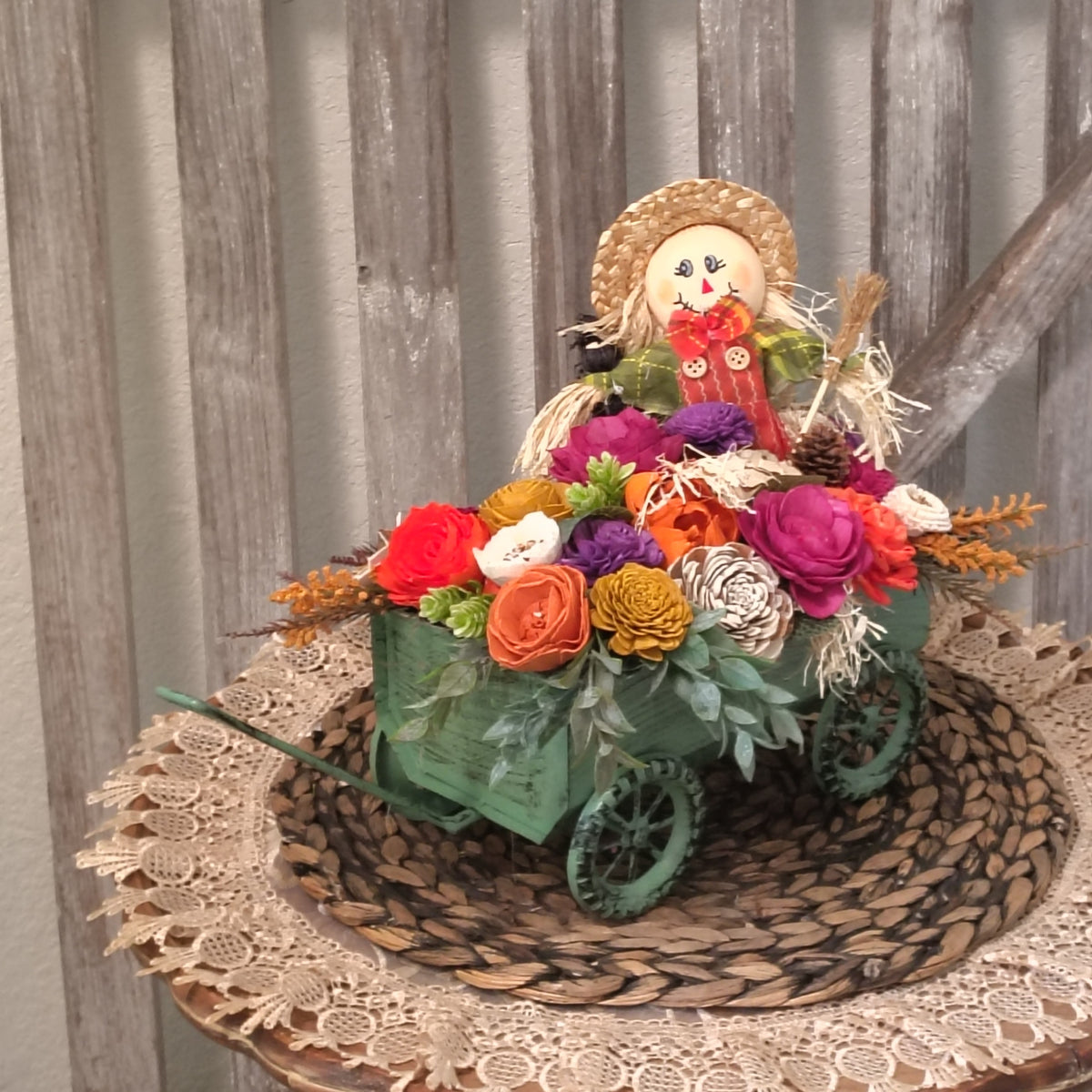 Fall Scarecrow Wagon Centerpiece | Sola Wood Flower Arrangement