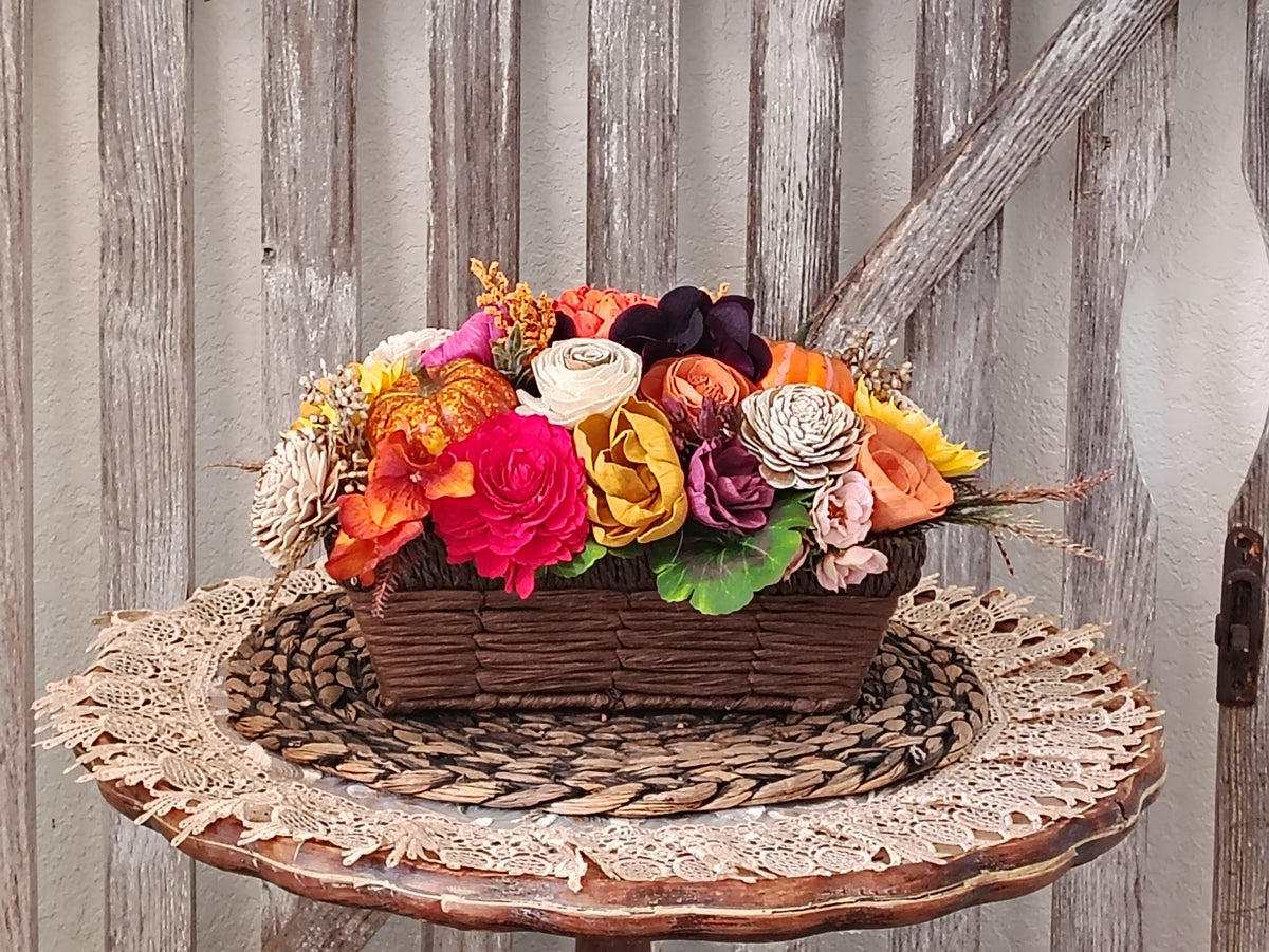 Fall Sola Wood Flower Centerpiece in Rustic Basket