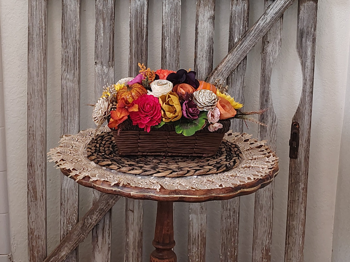 Fall Sola Wood Flower Centerpiece in Rustic Basket