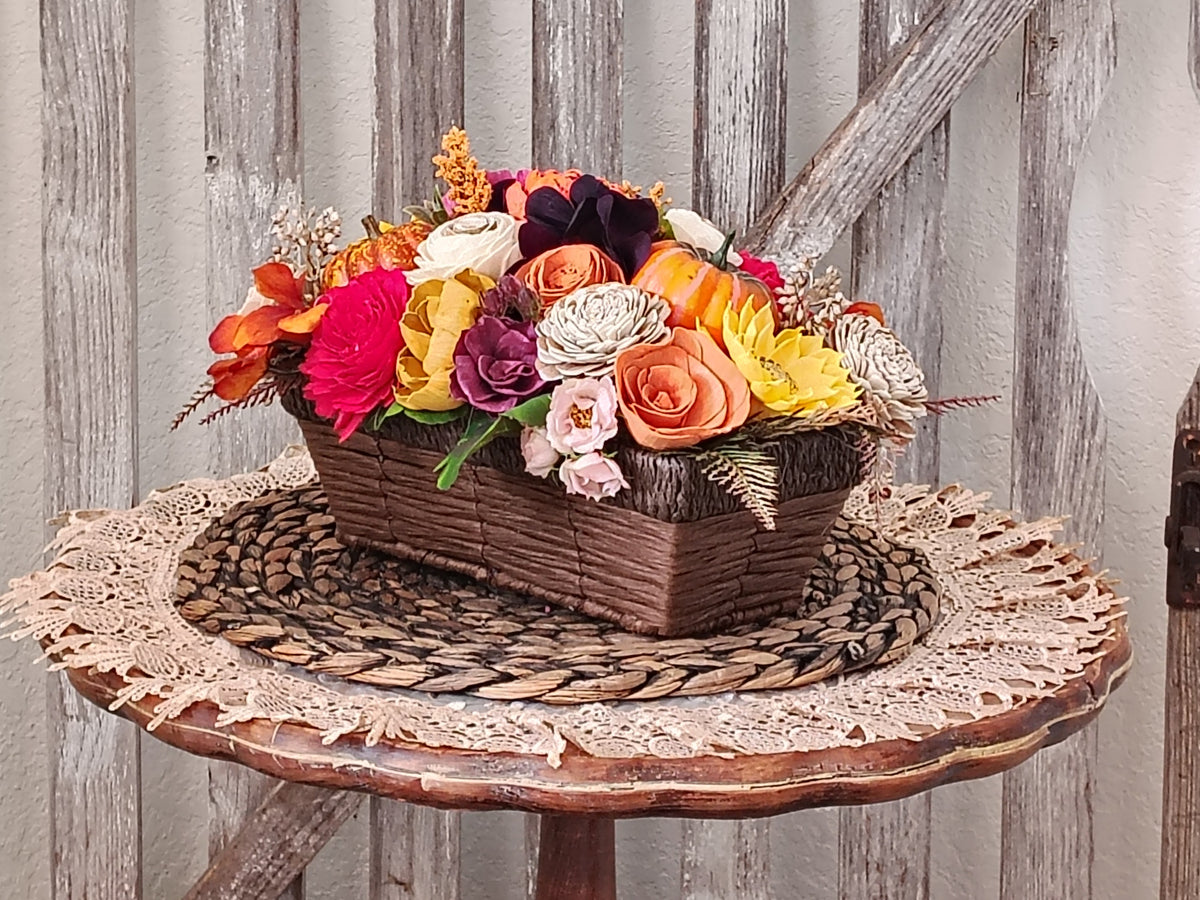 Fall Sola Wood Flower Centerpiece in Rustic Basket