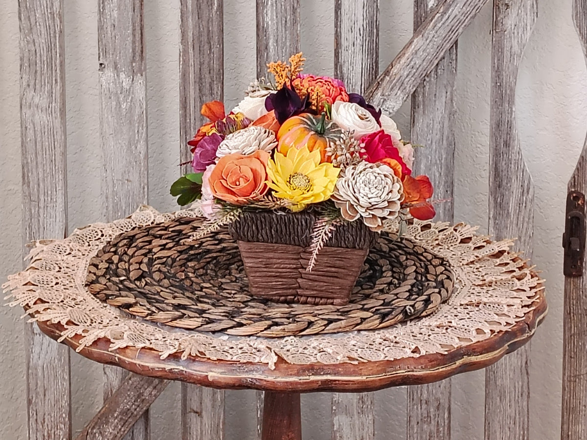 Fall Sola Wood Flower Centerpiece in Rustic Basket