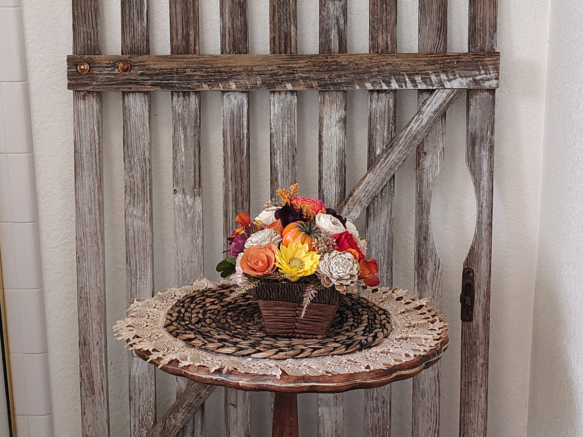 Fall Sola Wood Flower Centerpiece in Rustic Basket