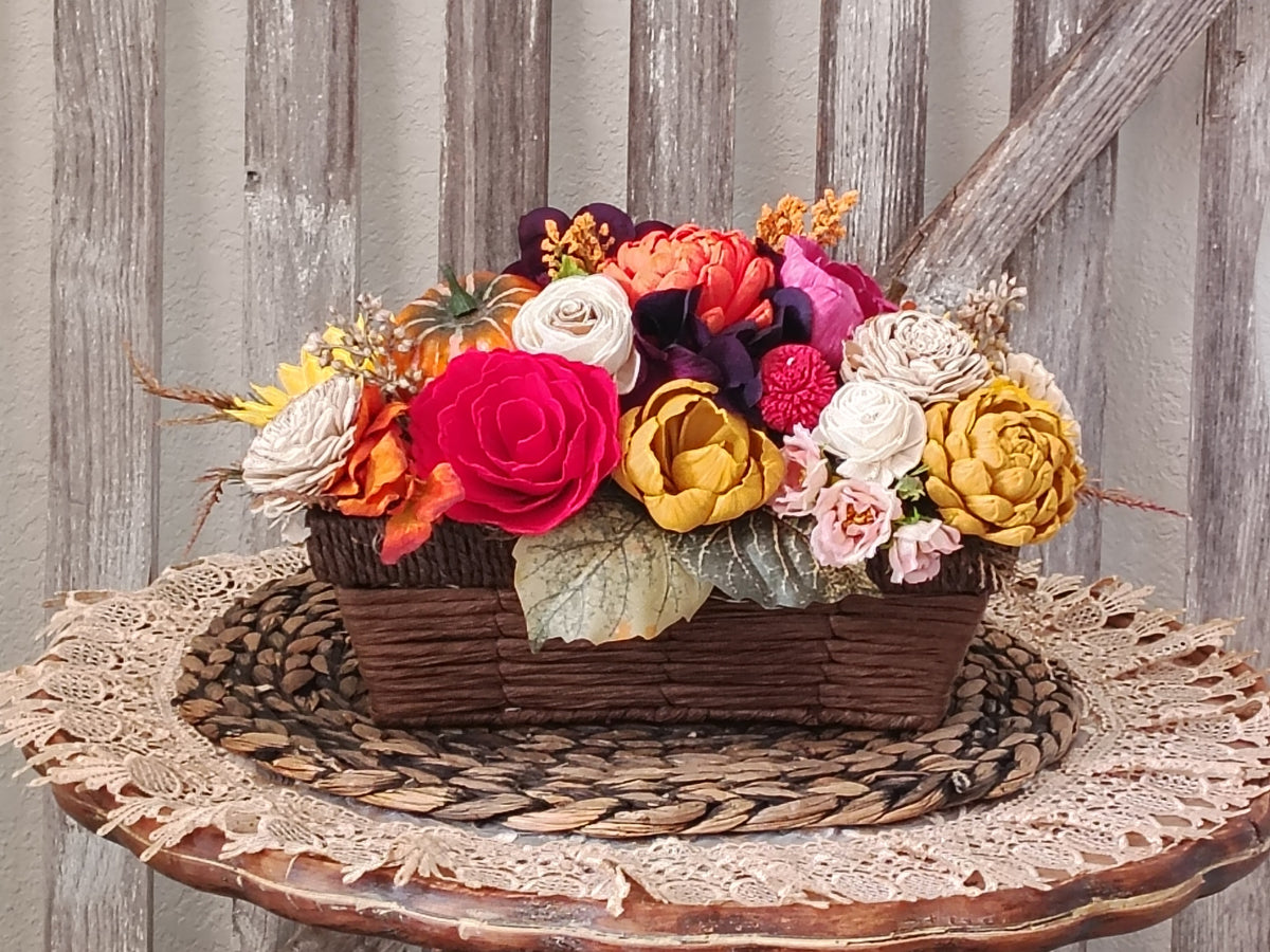 Fall Sola Wood Flower Centerpiece in Rustic Basket