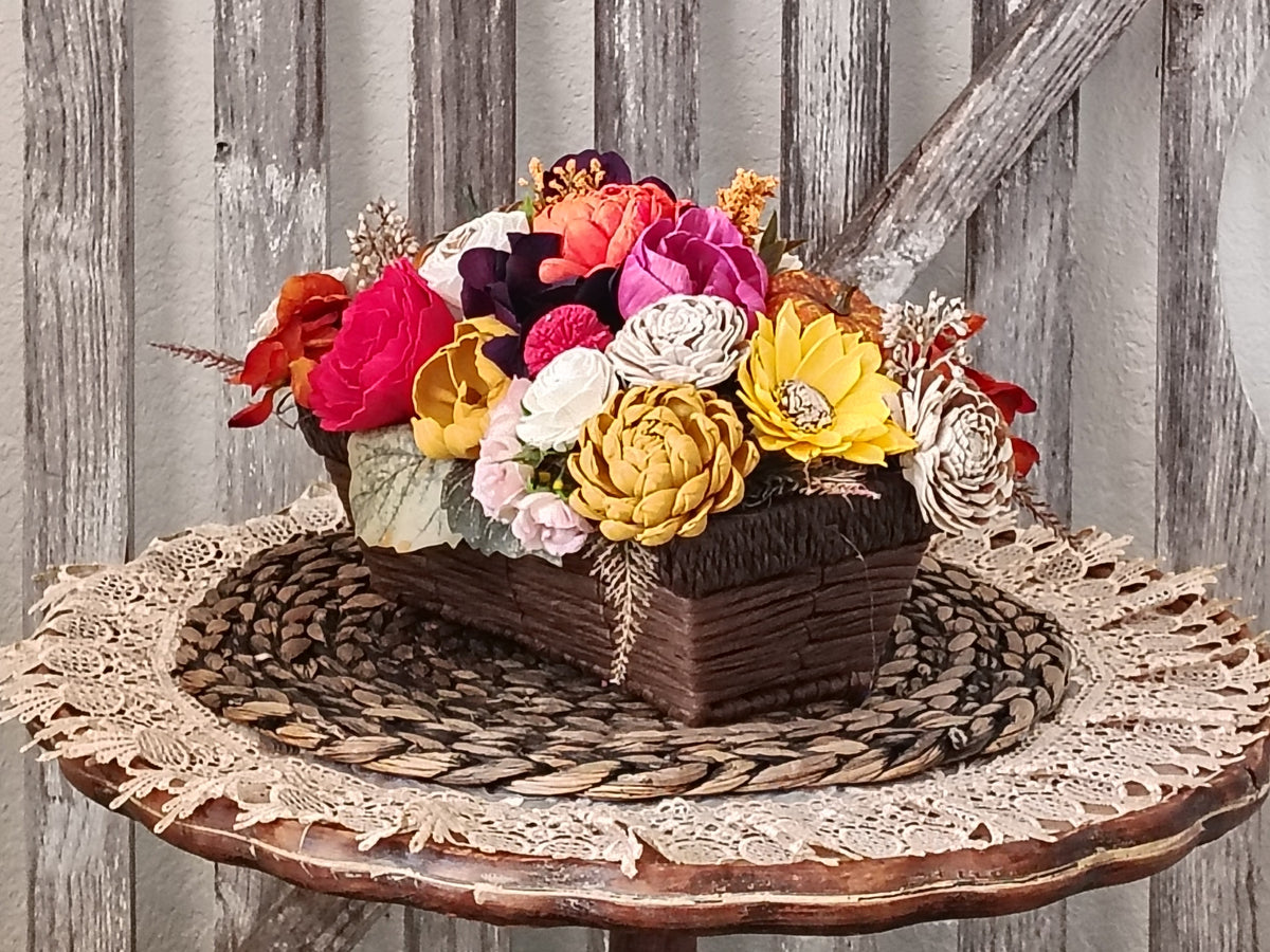 Fall Sola Wood Flower Centerpiece in Rustic Basket