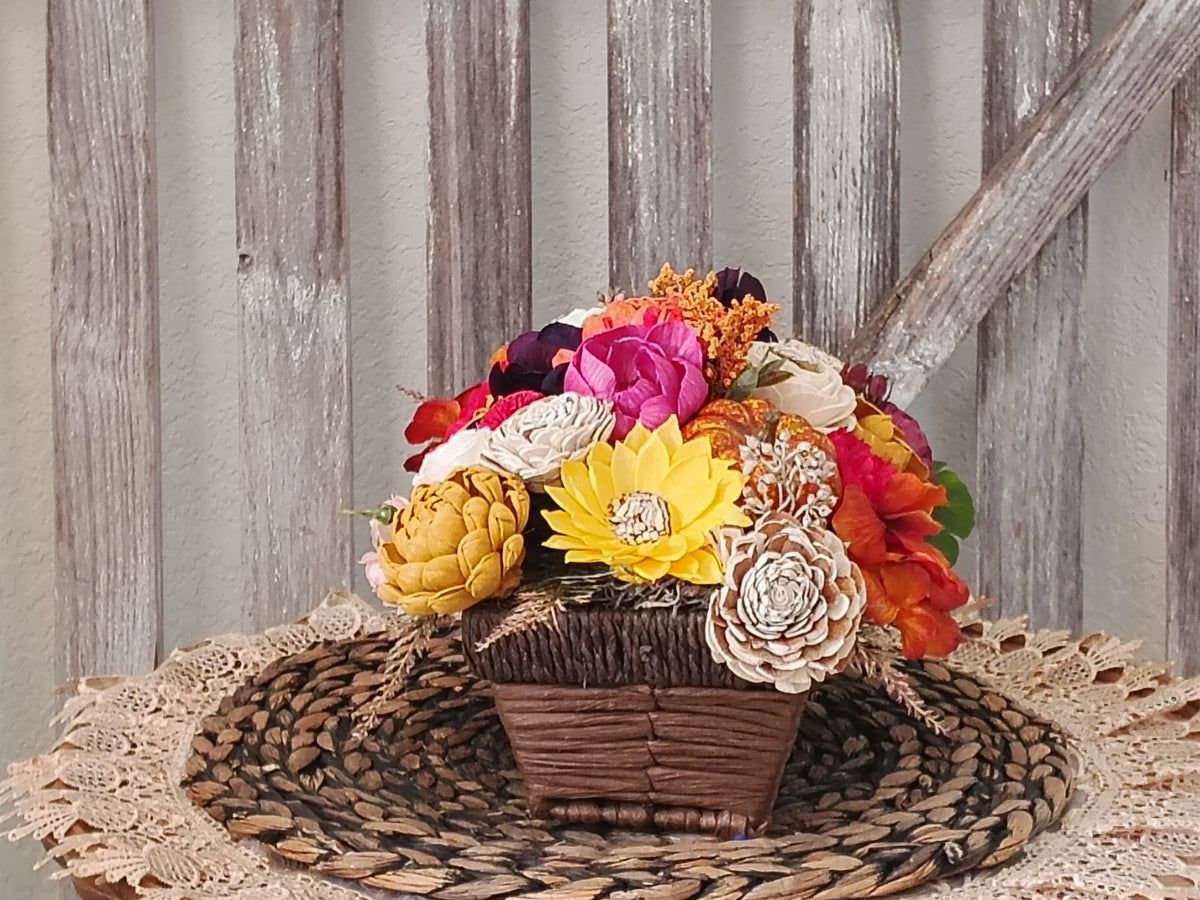 Fall Sola Wood Flower Centerpiece in Rustic Basket