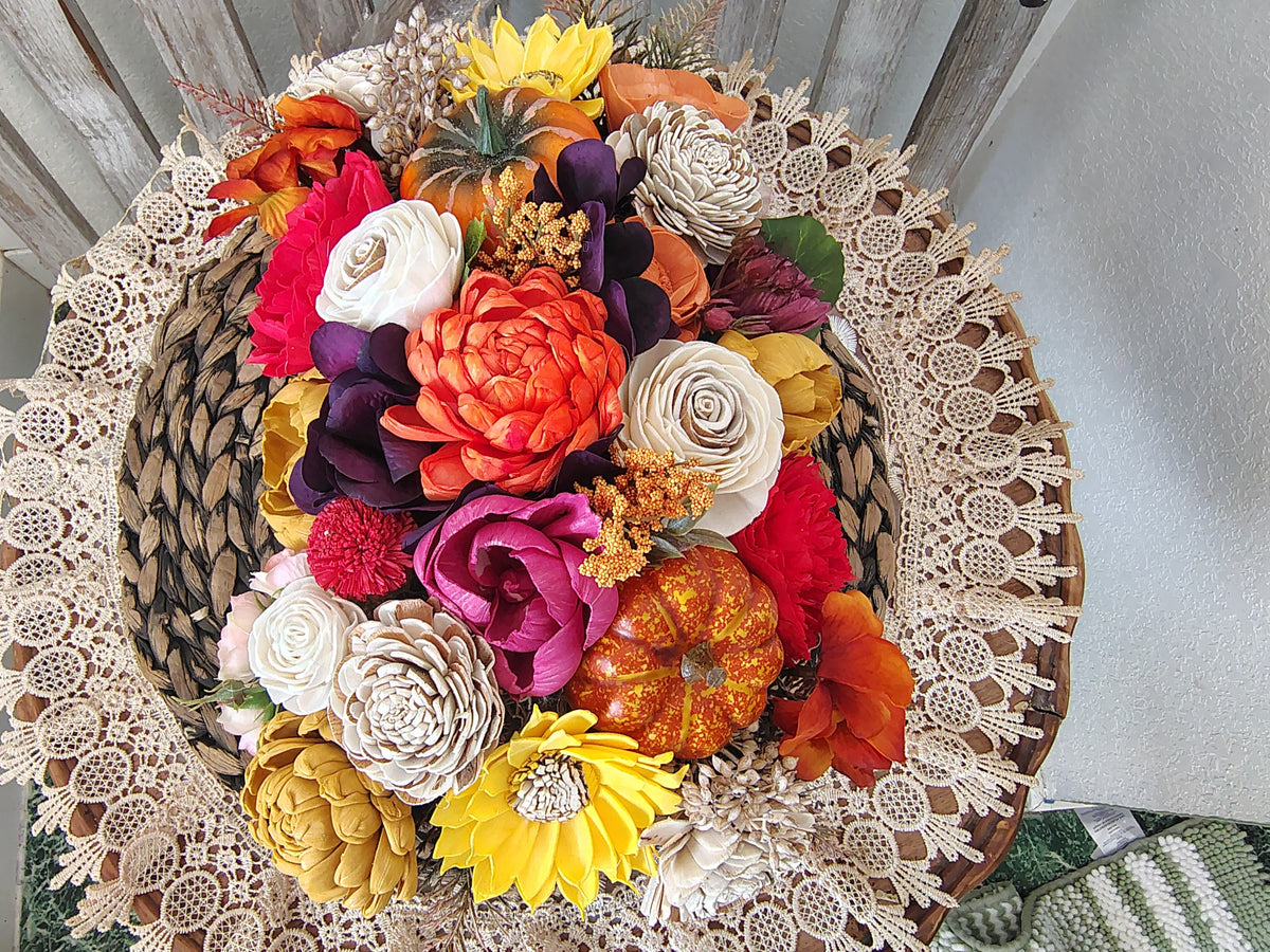 Fall Sola Wood Flower Centerpiece in Rustic Basket
