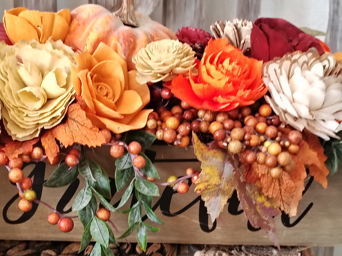 Thankful Fall Centerpiece with Sola Wood Flowers and Pumpkins