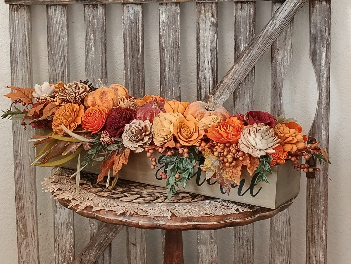 Thankful Fall Centerpiece with Sola Wood Flowers and Pumpkins