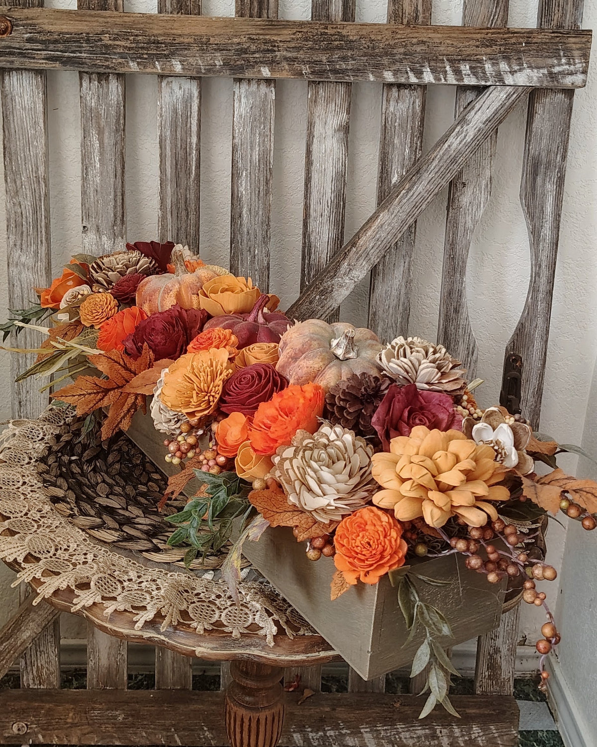 Thankful Fall Centerpiece with Sola Wood Flowers and Pumpkins
