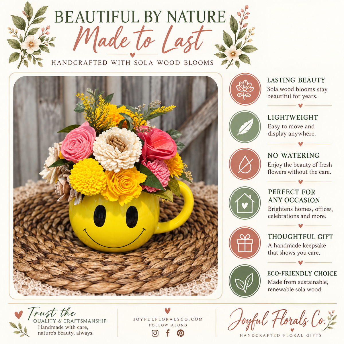 Smiley Face Mug Sola Wood Flower Arrangement