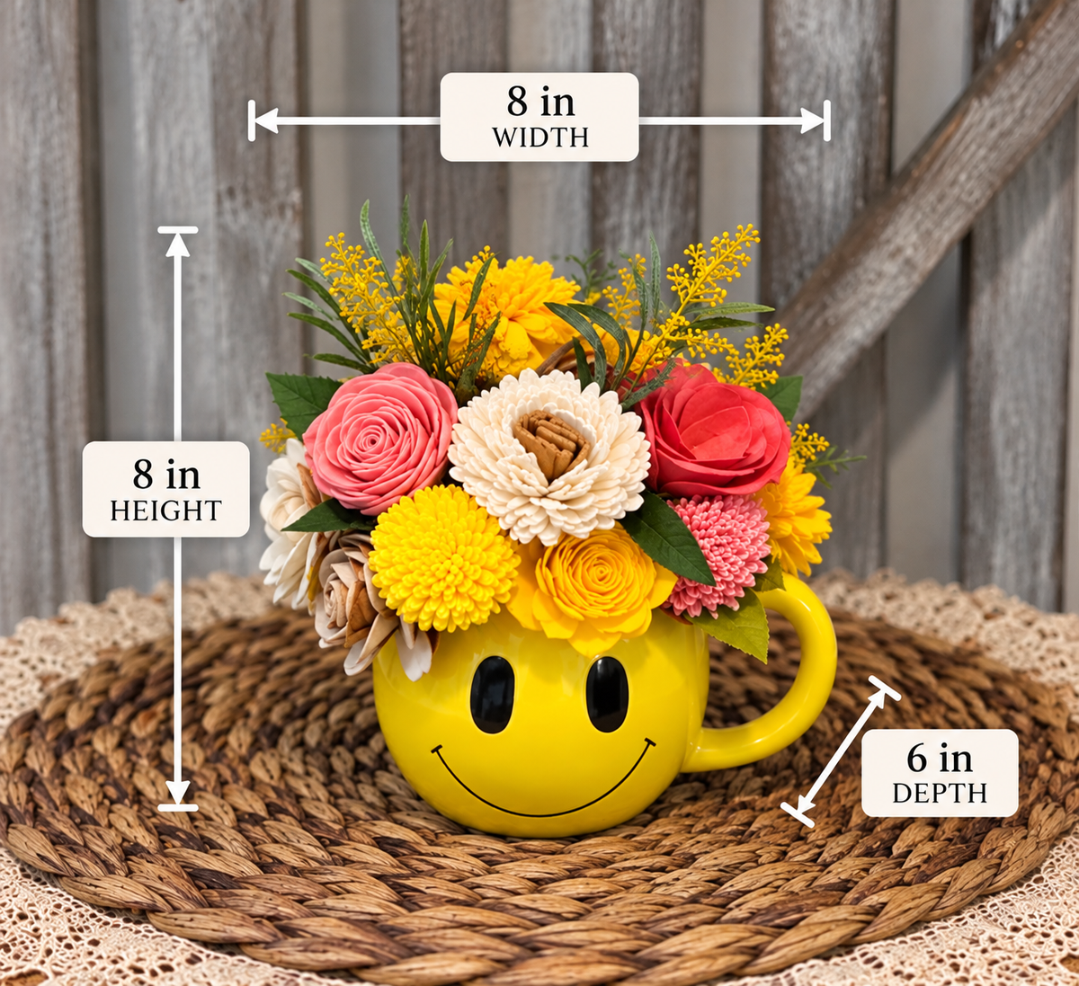 Smiley Face Mug Sola Wood Flower Arrangement