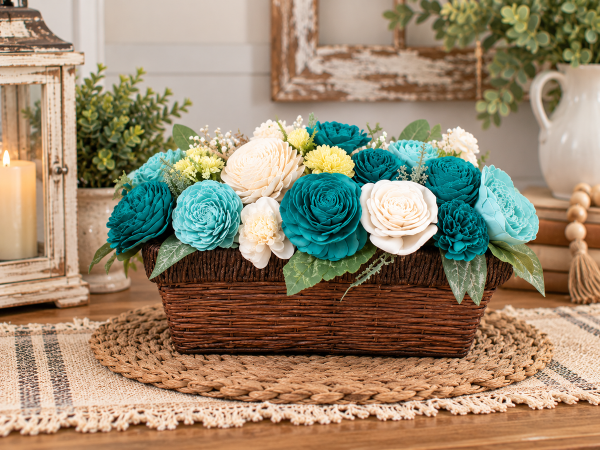 Teal & Ivory Sola Wood Flower Arrangement | Rustic Farmhouse Basket Centerpiece