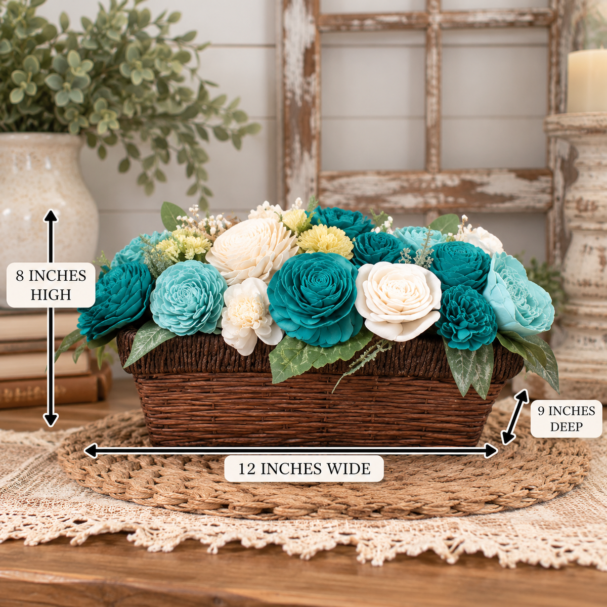 Teal & Ivory Sola Wood Flower Arrangement | Rustic Farmhouse Basket Centerpiece