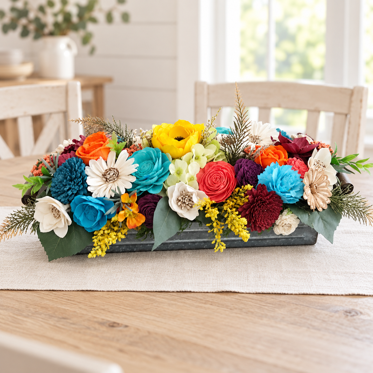 Colorful Sola Wood Flower Centerpiece in Rustic Tray