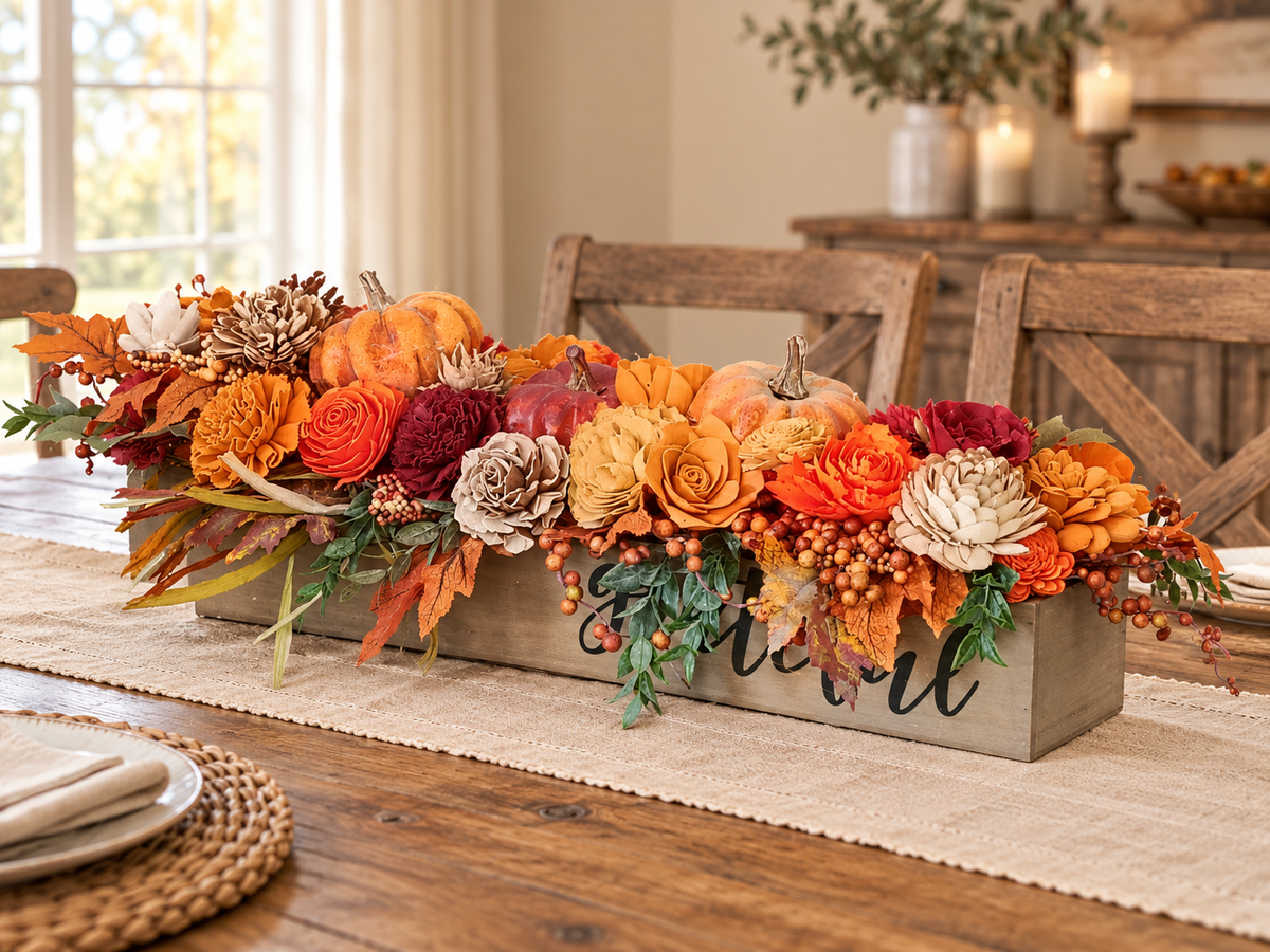 “Fall sola wood flower centerpiece with pumpkins, autumn leaves, and berries in a thankful wooden box on a dining table.”