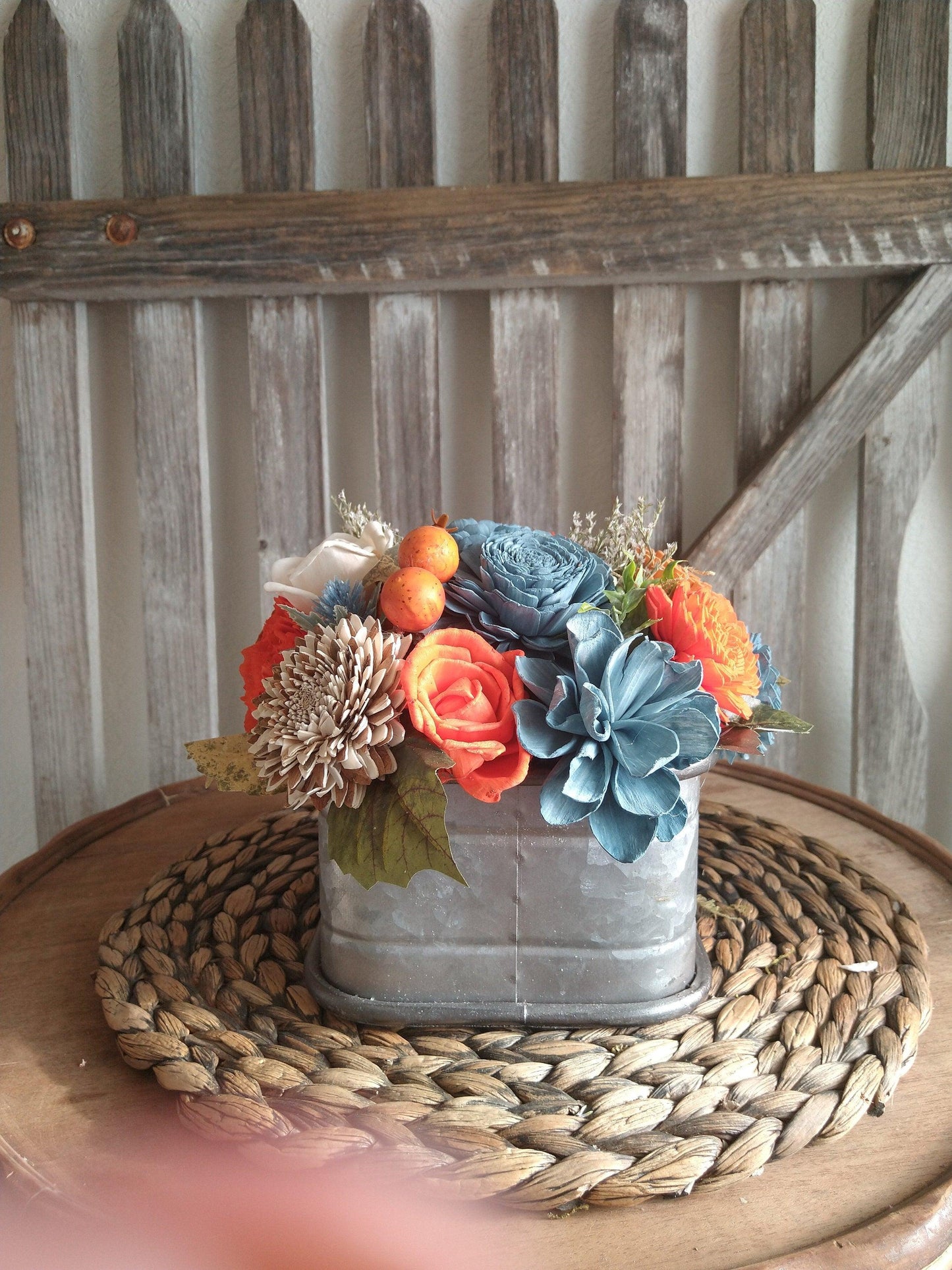 Fall oranges and Blue Sola Wood Flowers in Metal drawer