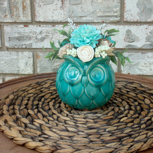 Adorable Teal and White Centerpiece in Teal Ceramic owl