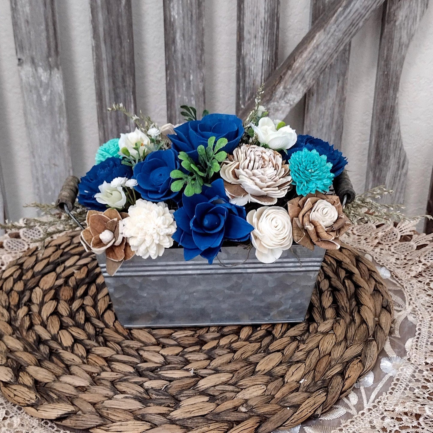 Navy teal and natural sola wood flower centerpiece, gift for her