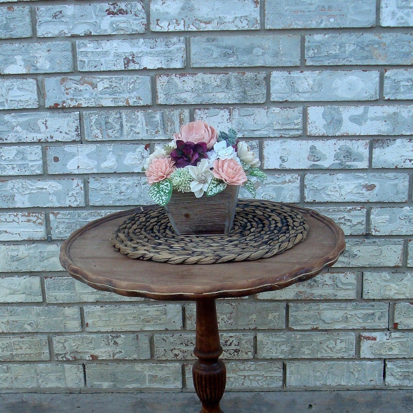 Pinks, white and burgandy florals in a wood box. Perfect for Mother's Day