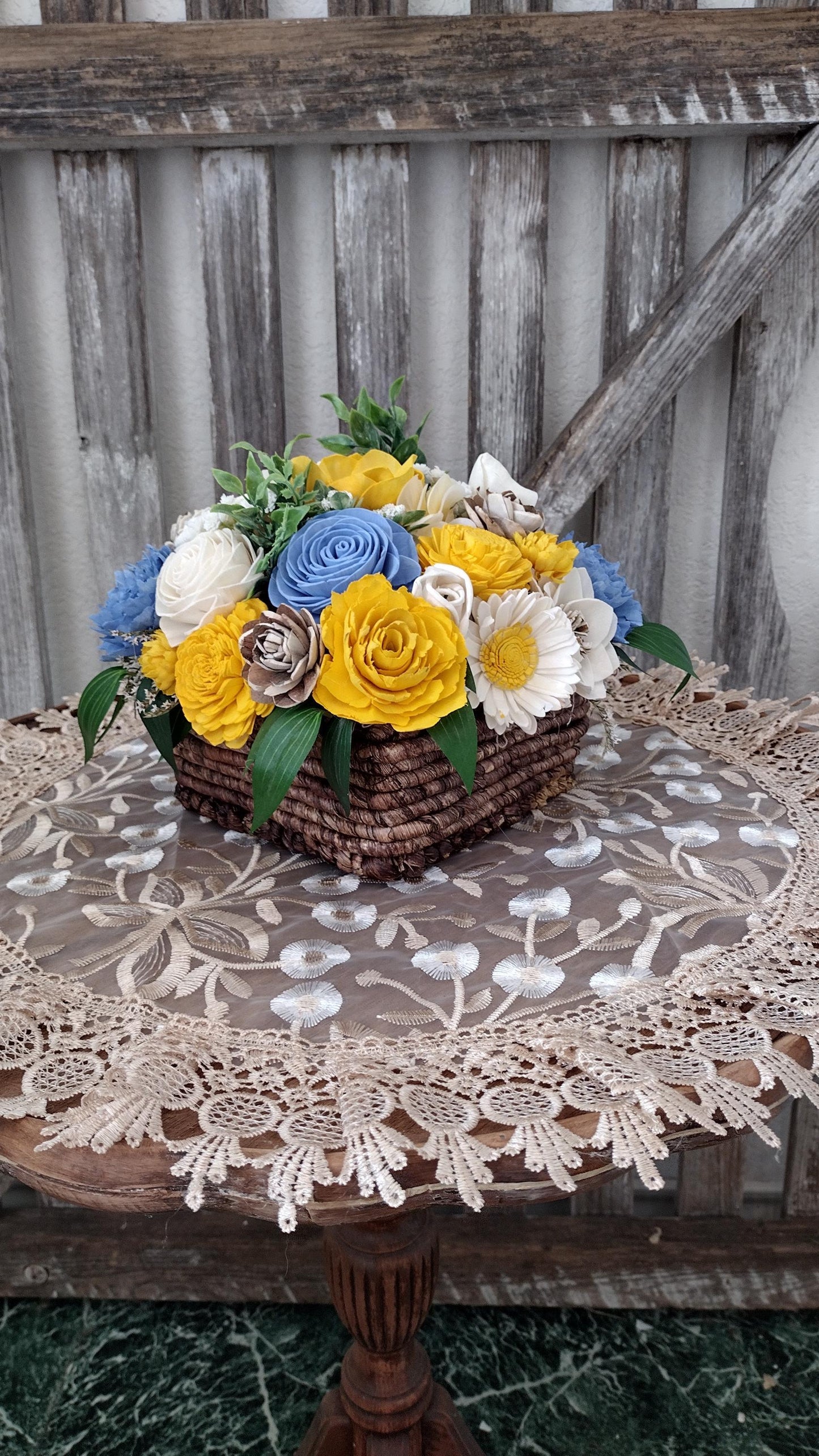 Beautiful Sola Wood flower arrangement in Yellow and Blue